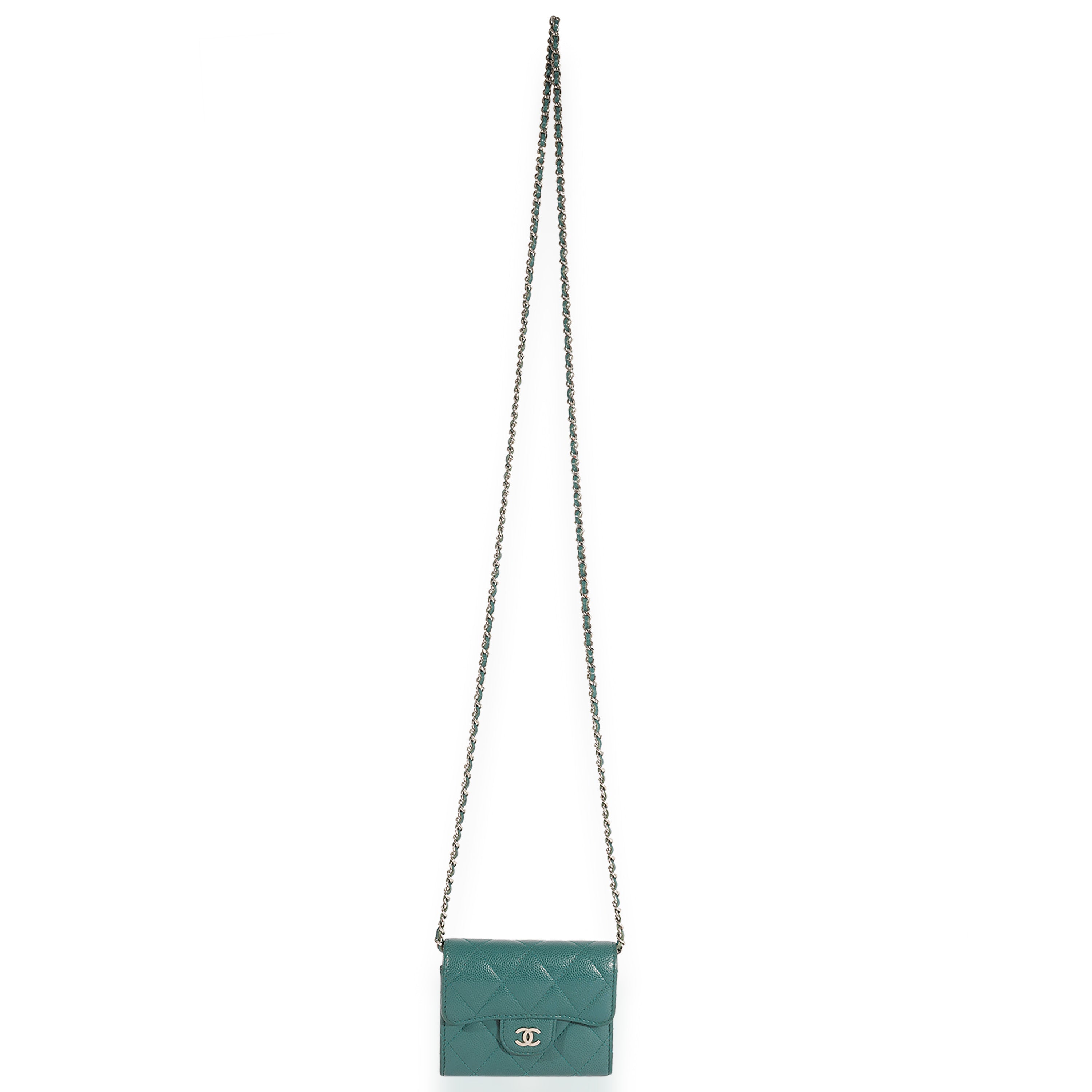 Teal Quilted Caviar Classic Card Holder on Chain Handbag
