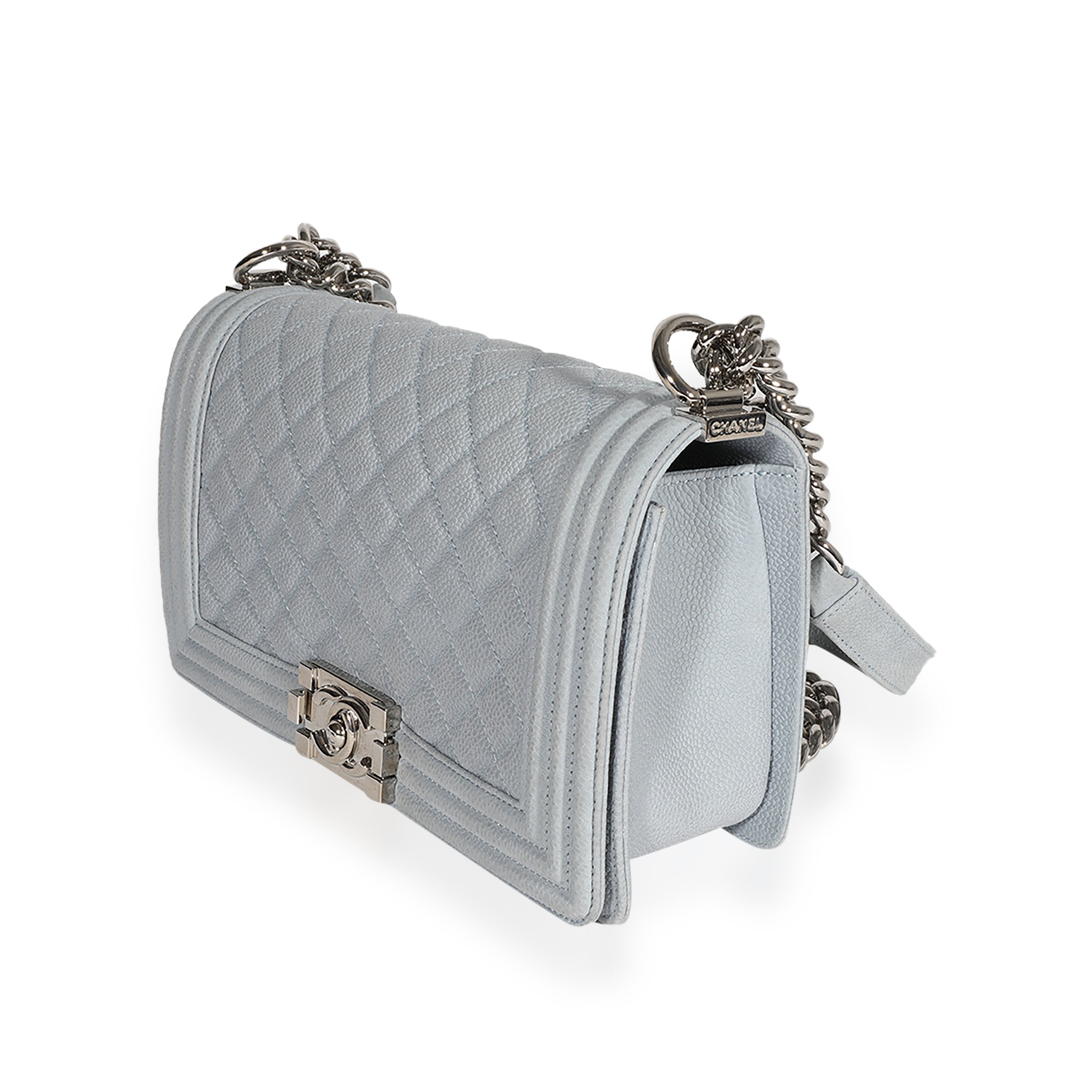 Light Blue Quilted Washed Caviar Old Medium Boy Handbag