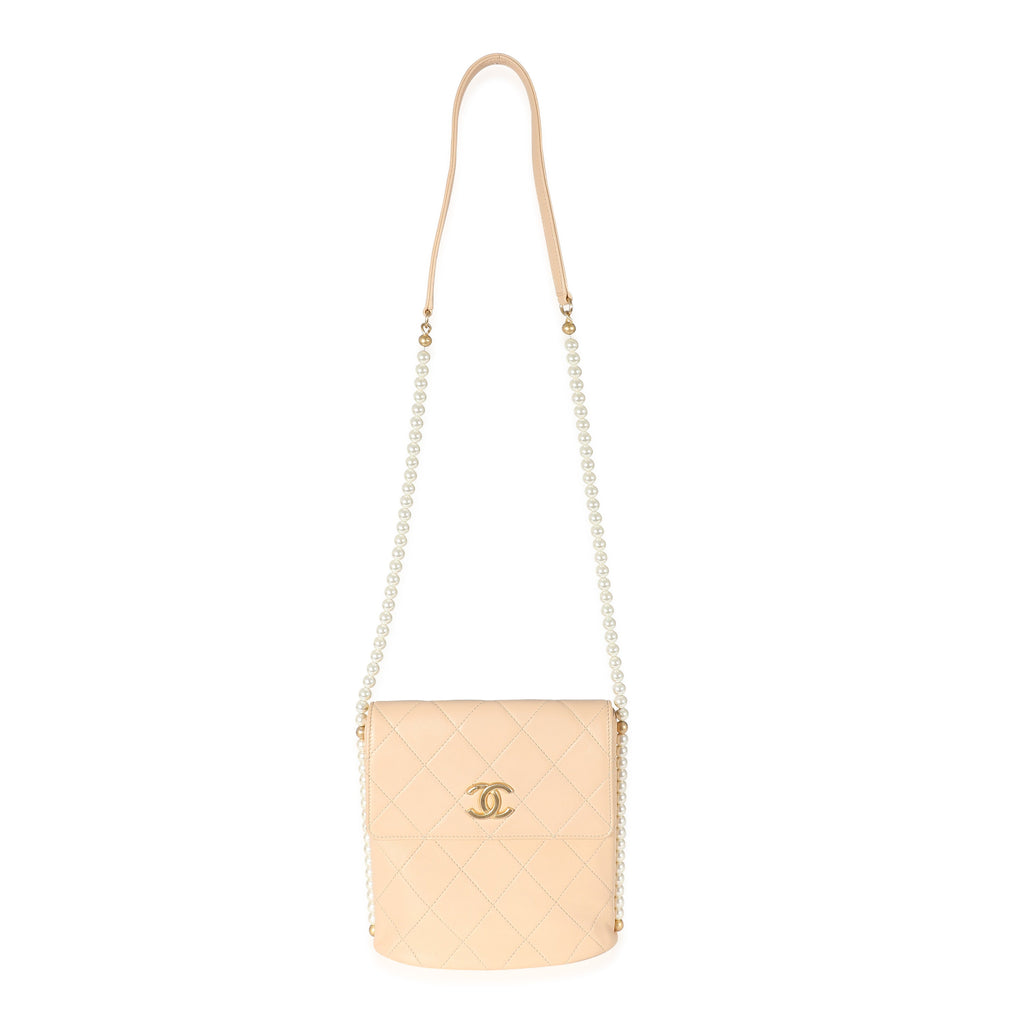 Beige Quilted Calfskin Small Pearl Chain Hobo
