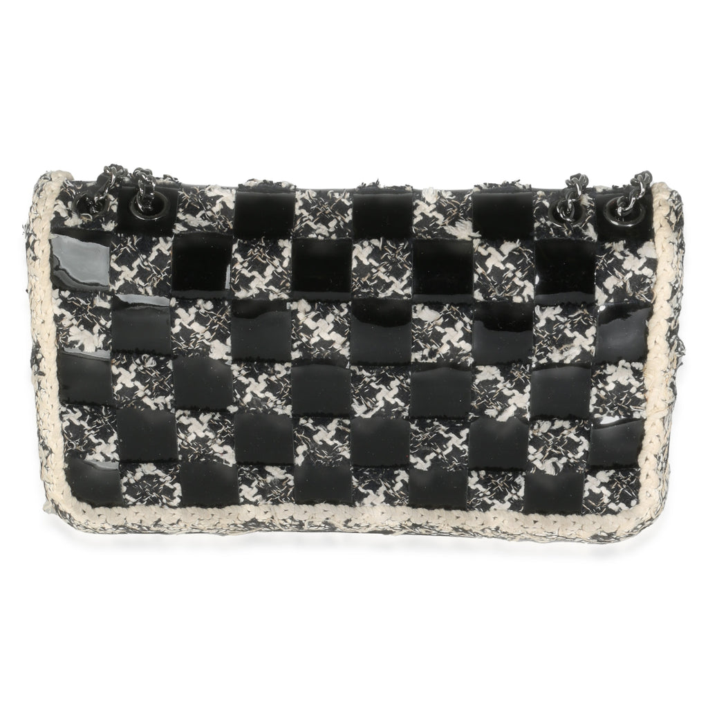 Black White Tweed Woven Patent Medium Flap Bag