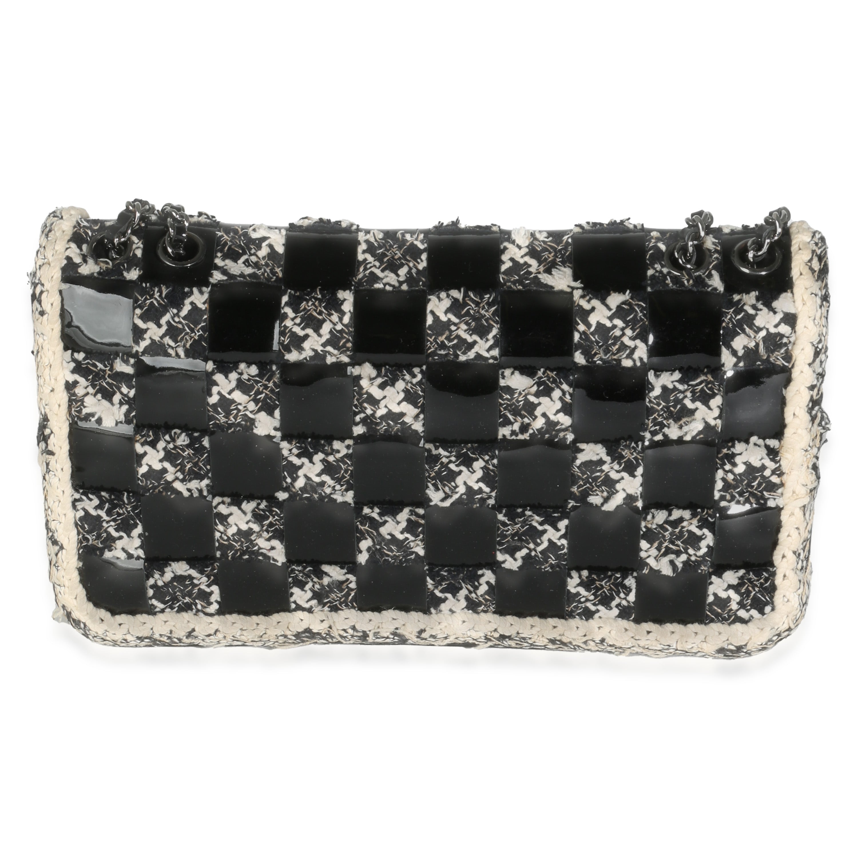 Black White Tweed Woven Patent Medium Flap Bag