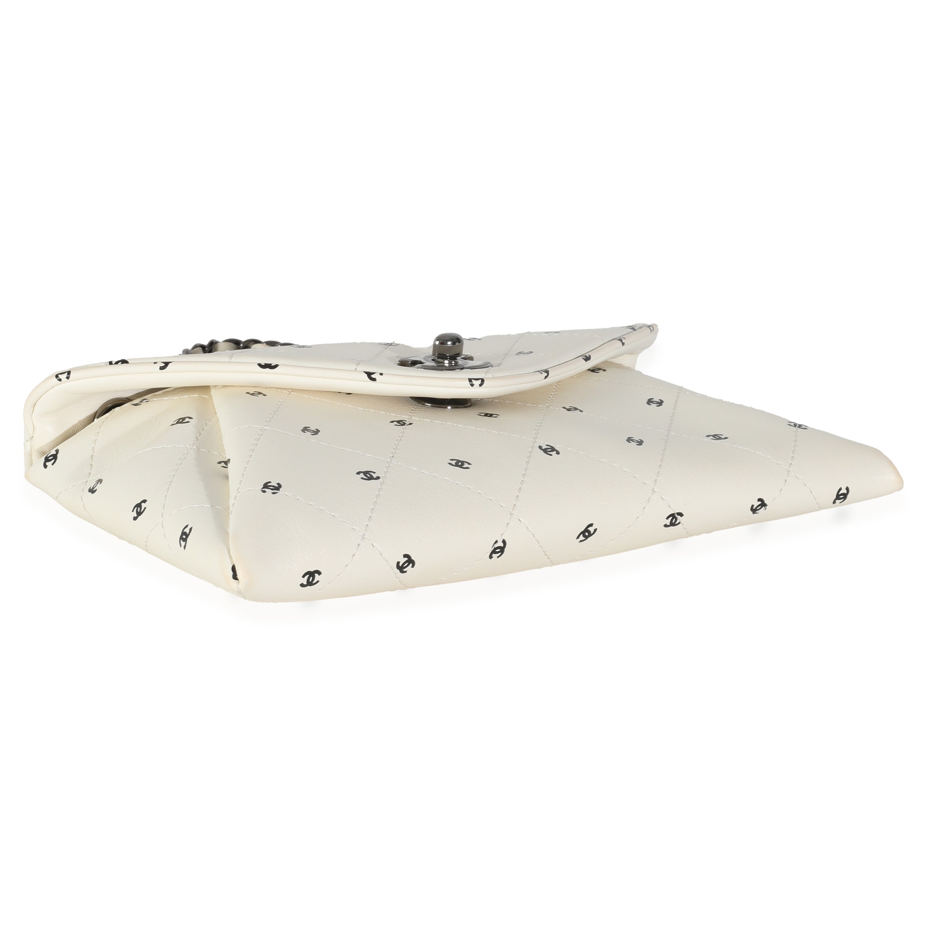 White Lambskin CC Logo Envelope Clutch With Chain