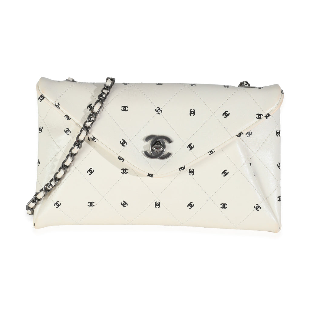 White Lambskin CC Logo Envelope Clutch With Chain