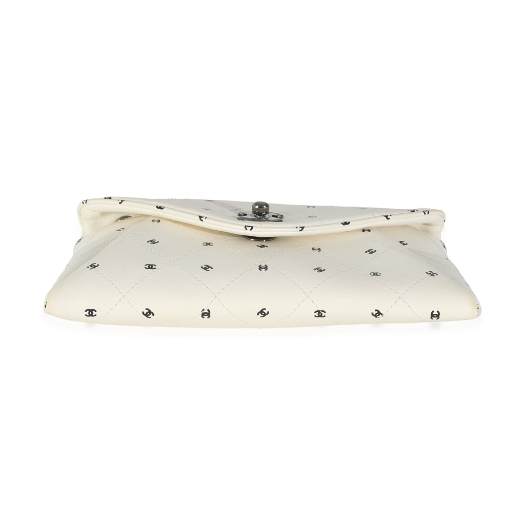 White Lambskin CC Logo Envelope Clutch With Chain