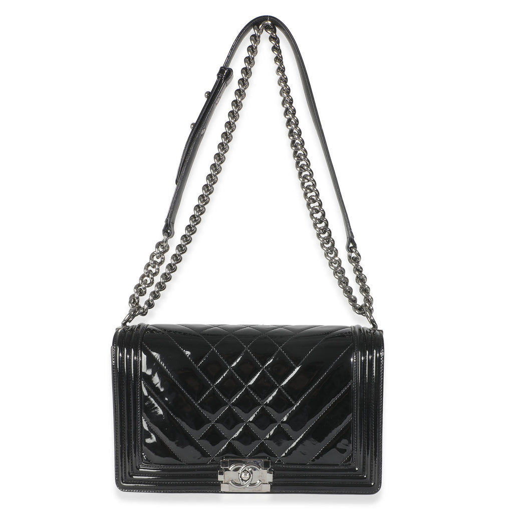 Black Patent Chevron Old Medium Boy Bag