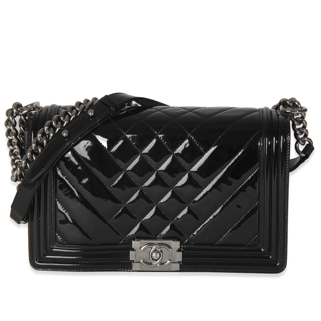 Black Patent Chevron Old Medium Boy Bag
