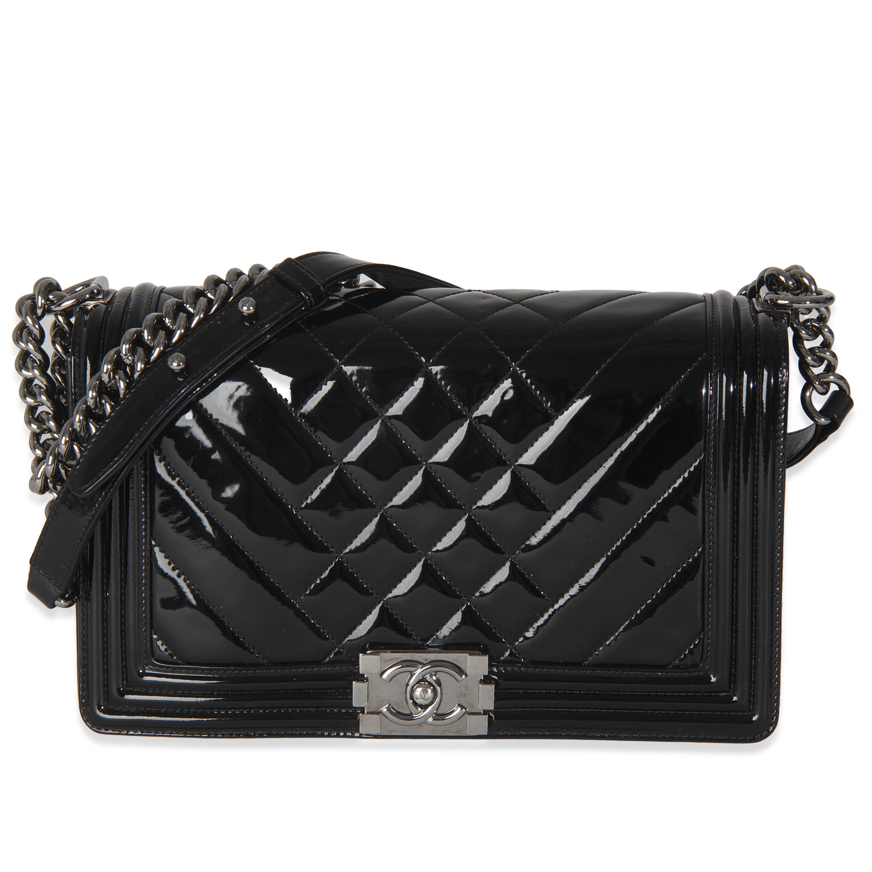 Black Patent Chevron Old Medium Boy Bag