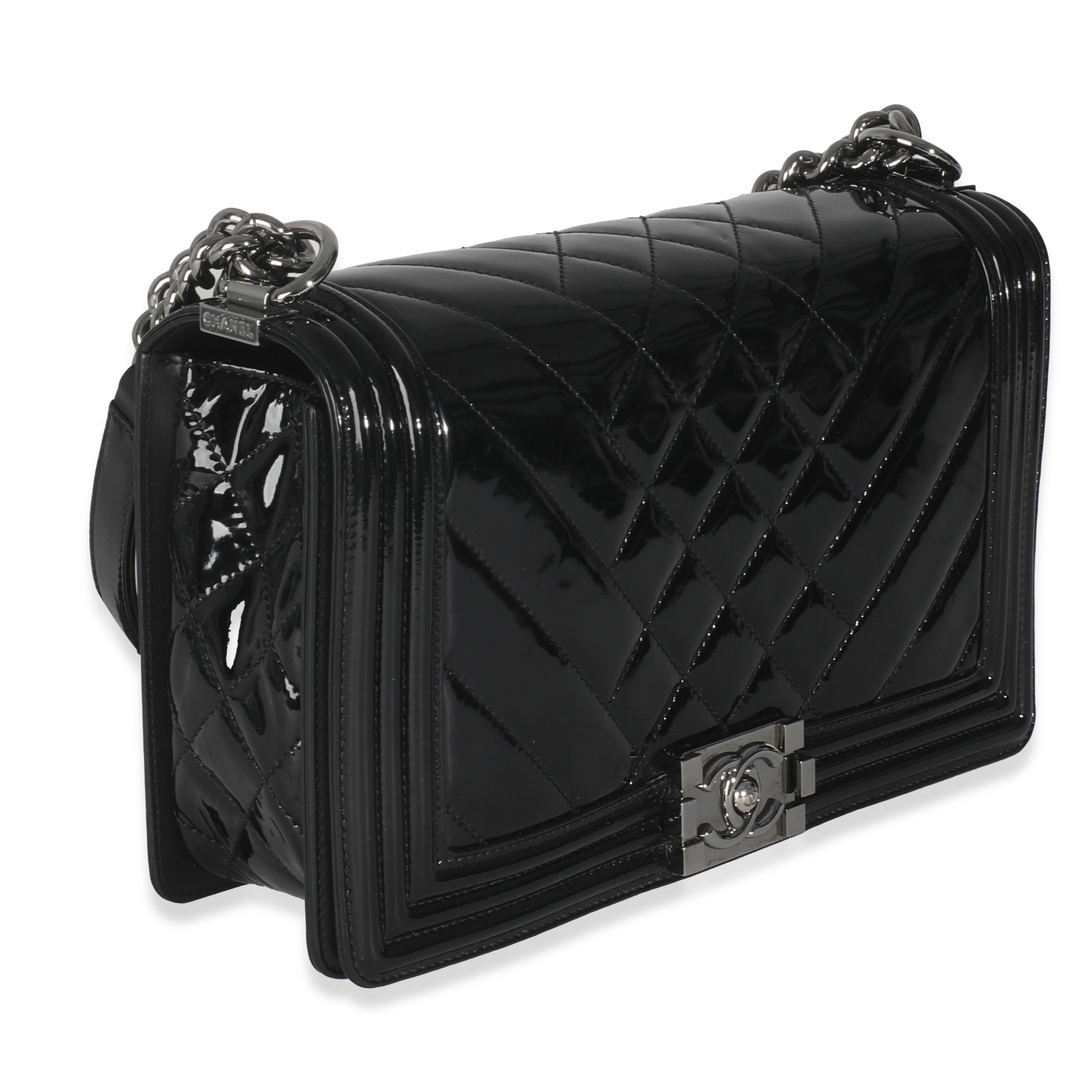 Black Patent Chevron Old Medium Boy Bag