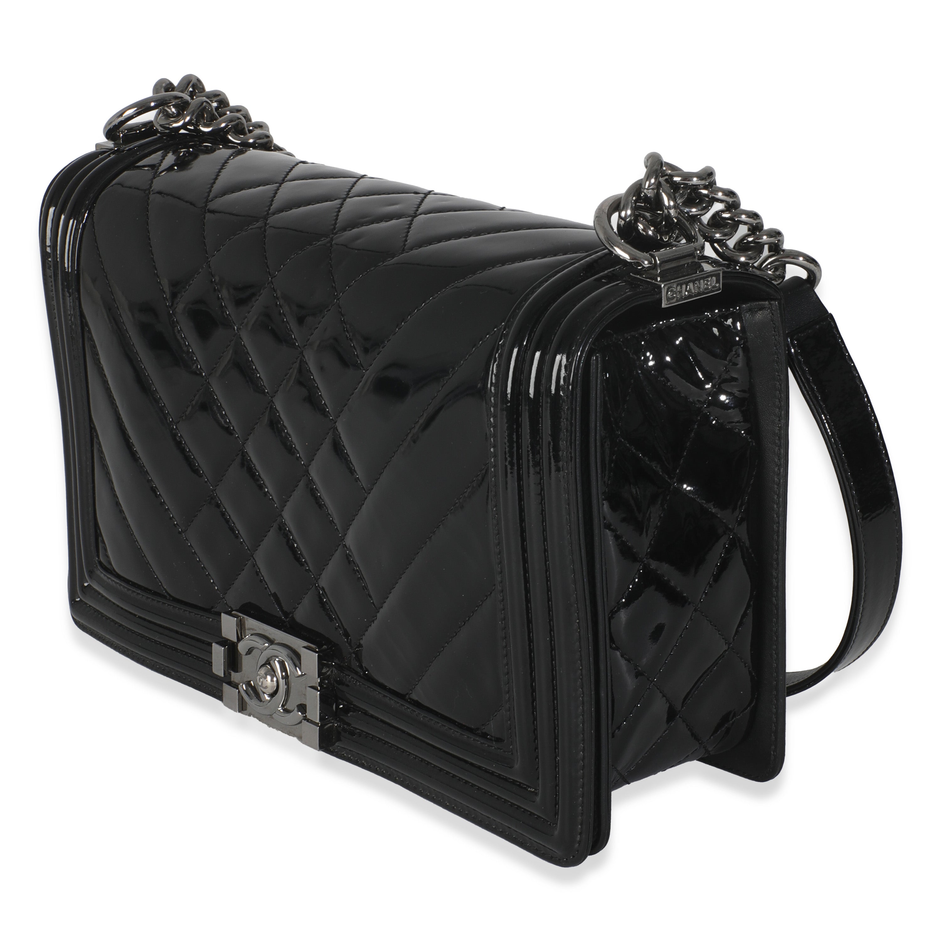 Black Patent Chevron Old Medium Boy Bag