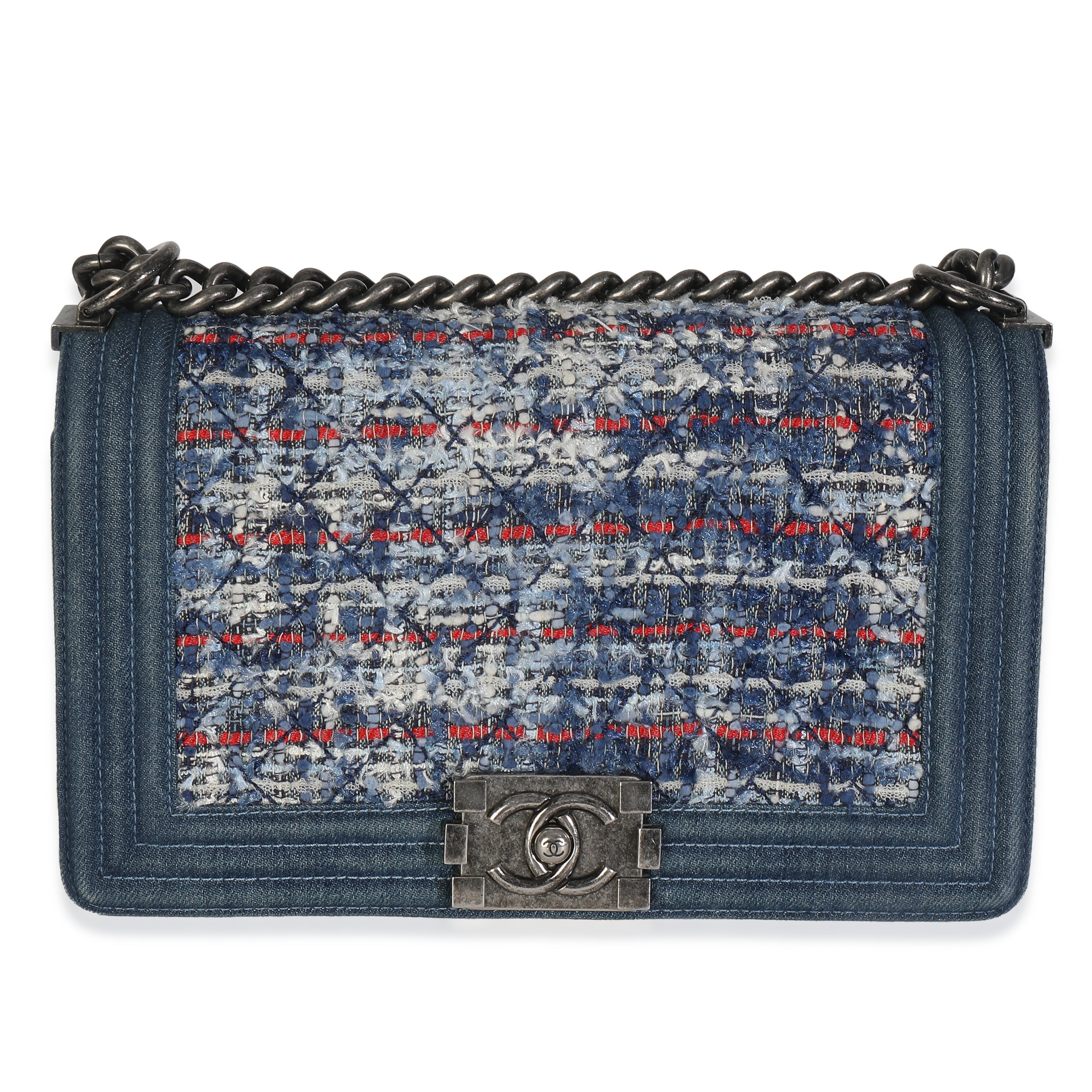 Blue Multicolor Denim Quilted Tweed Old Medium Boy Bag