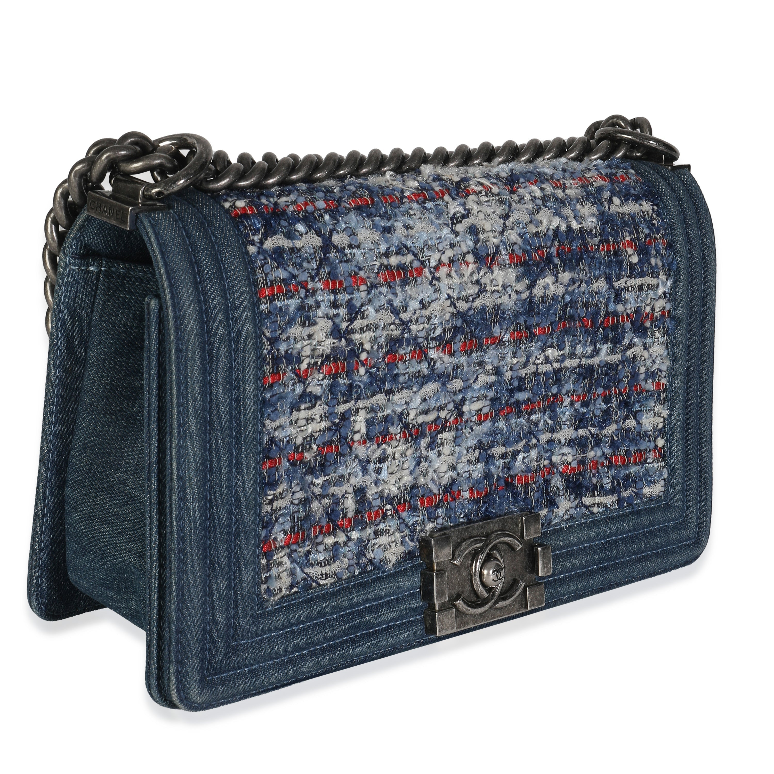 Blue Multicolor Denim Quilted Tweed Old Medium Boy Bag