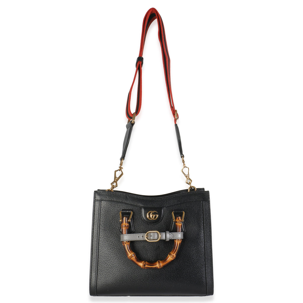 Black Dusty Grey Textured Dollar Calfskin Web Small Diana Tote