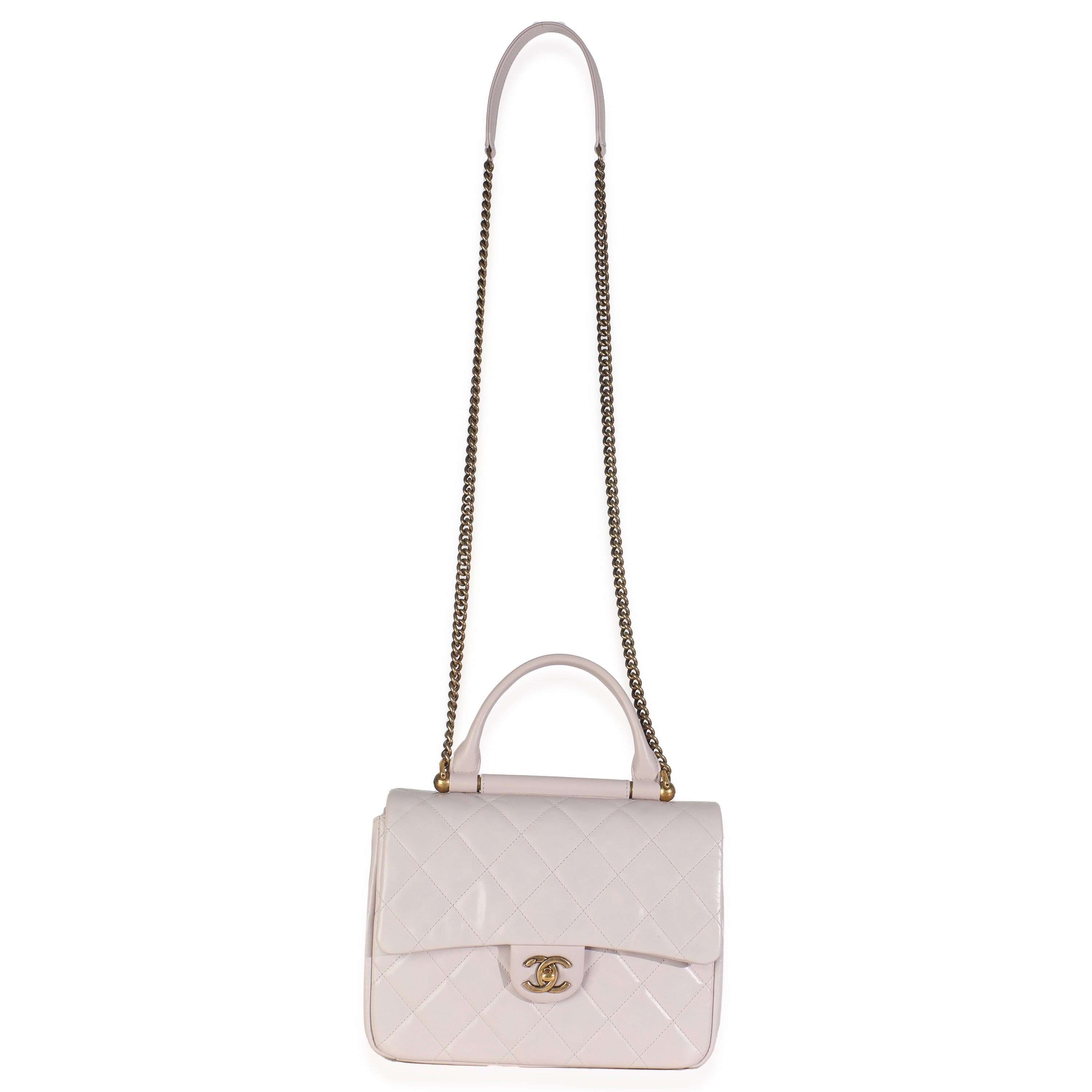 Light Pink Quilted Glazed Calfskin Medium Gold Bar Top Handle Flap Bag