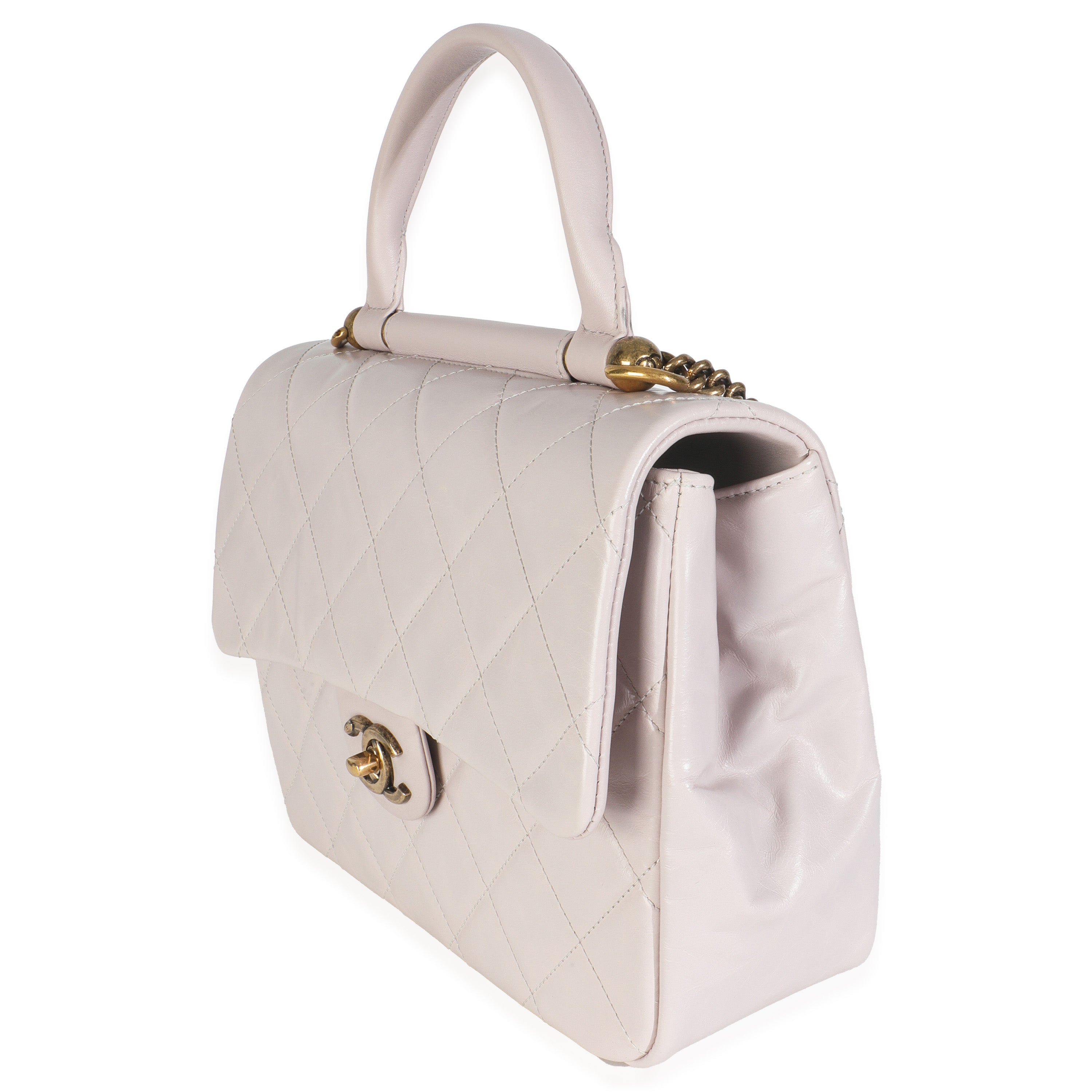 Light Pink Quilted Glazed Calfskin Medium Gold Bar Top Handle Flap Bag