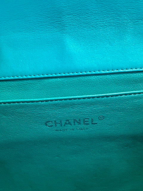 Turquoise Quilted Patent Classic Flap Clutch With Chain