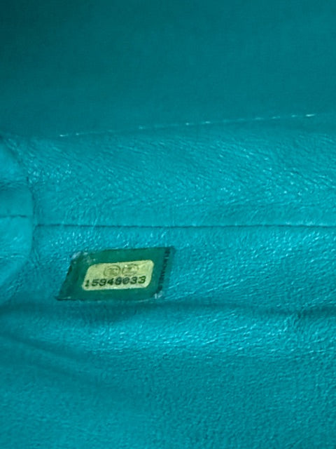 Turquoise Quilted Patent Classic Flap Clutch With Chain