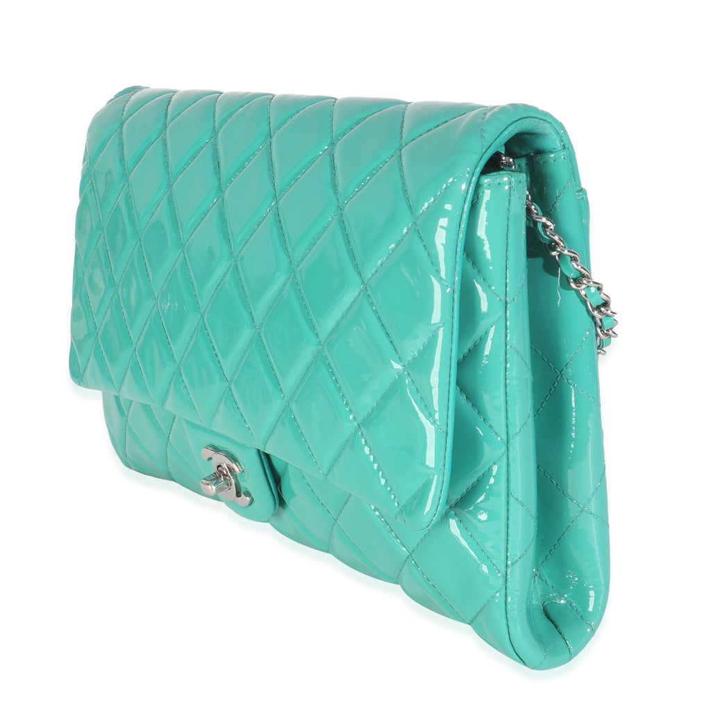 Turquoise Quilted Patent Classic Flap Clutch With Chain