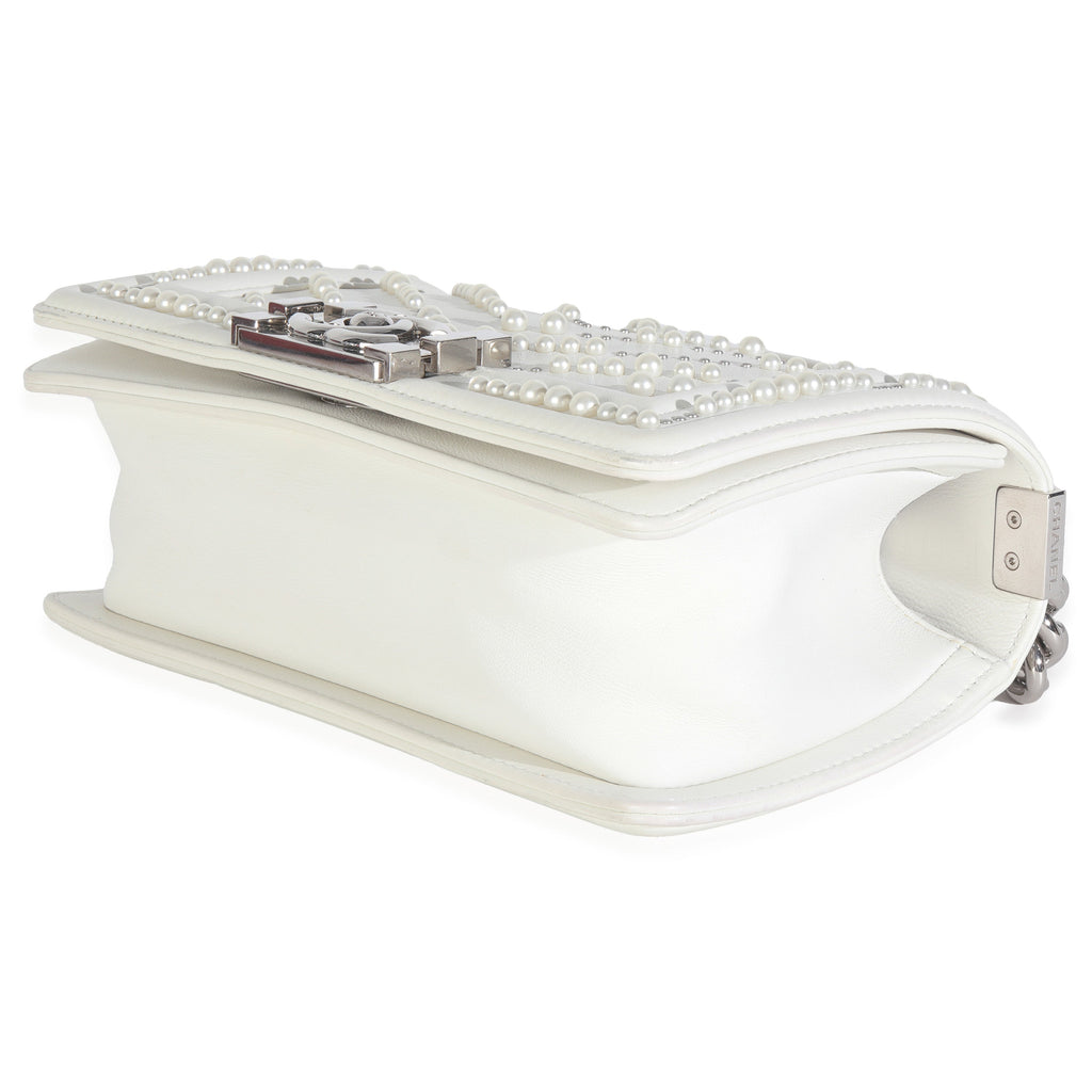 White Calfskin Pearl Chevron Small Boy Bag