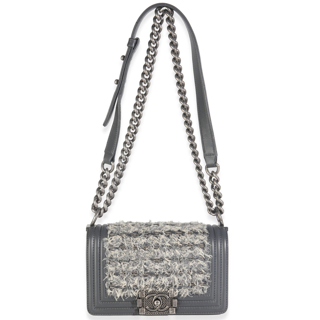 Grey Tweed Black Calfskin Small Boy Bag
