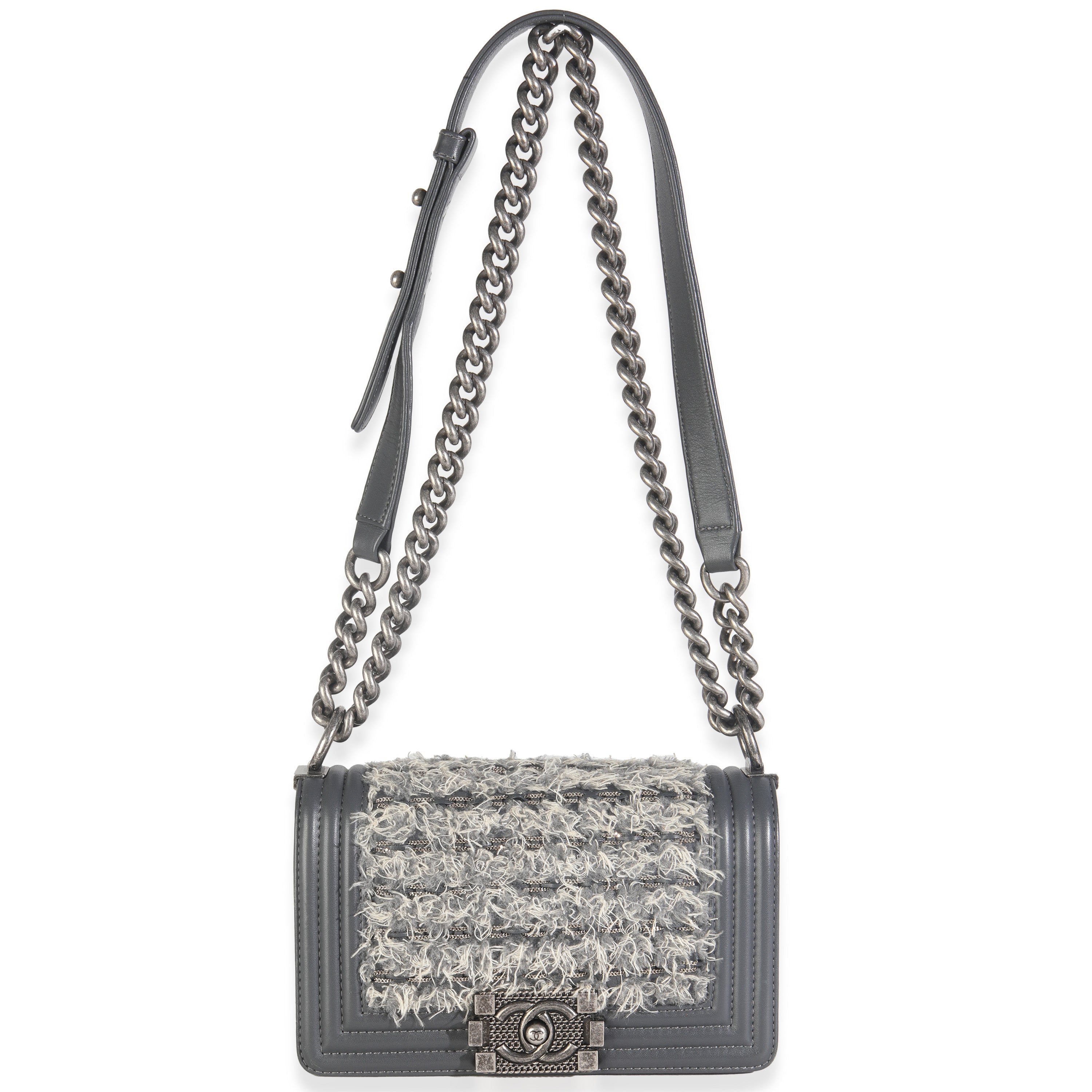 Grey Tweed Black Calfskin Small Boy Bag
