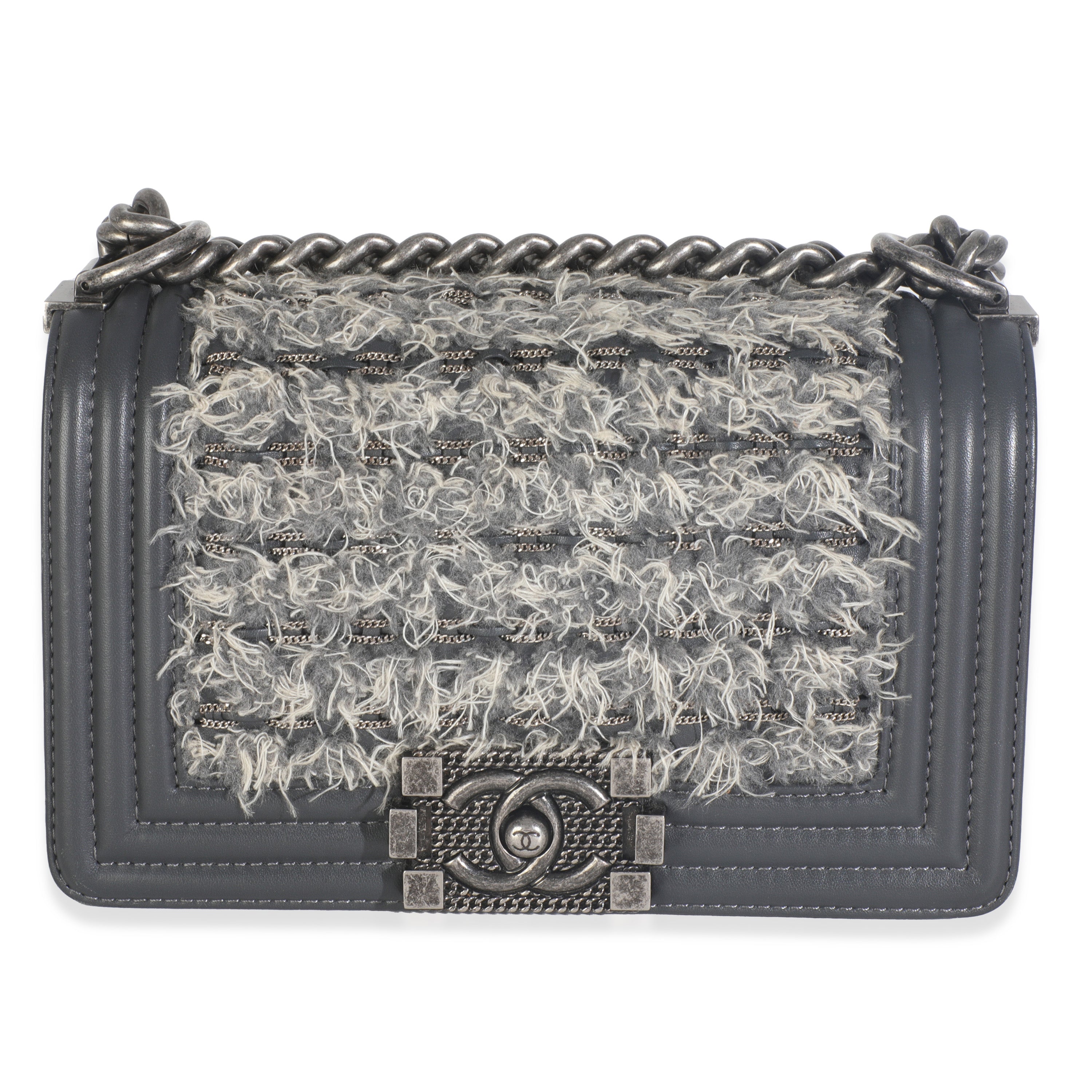 Grey Tweed Black Calfskin Small Boy Bag