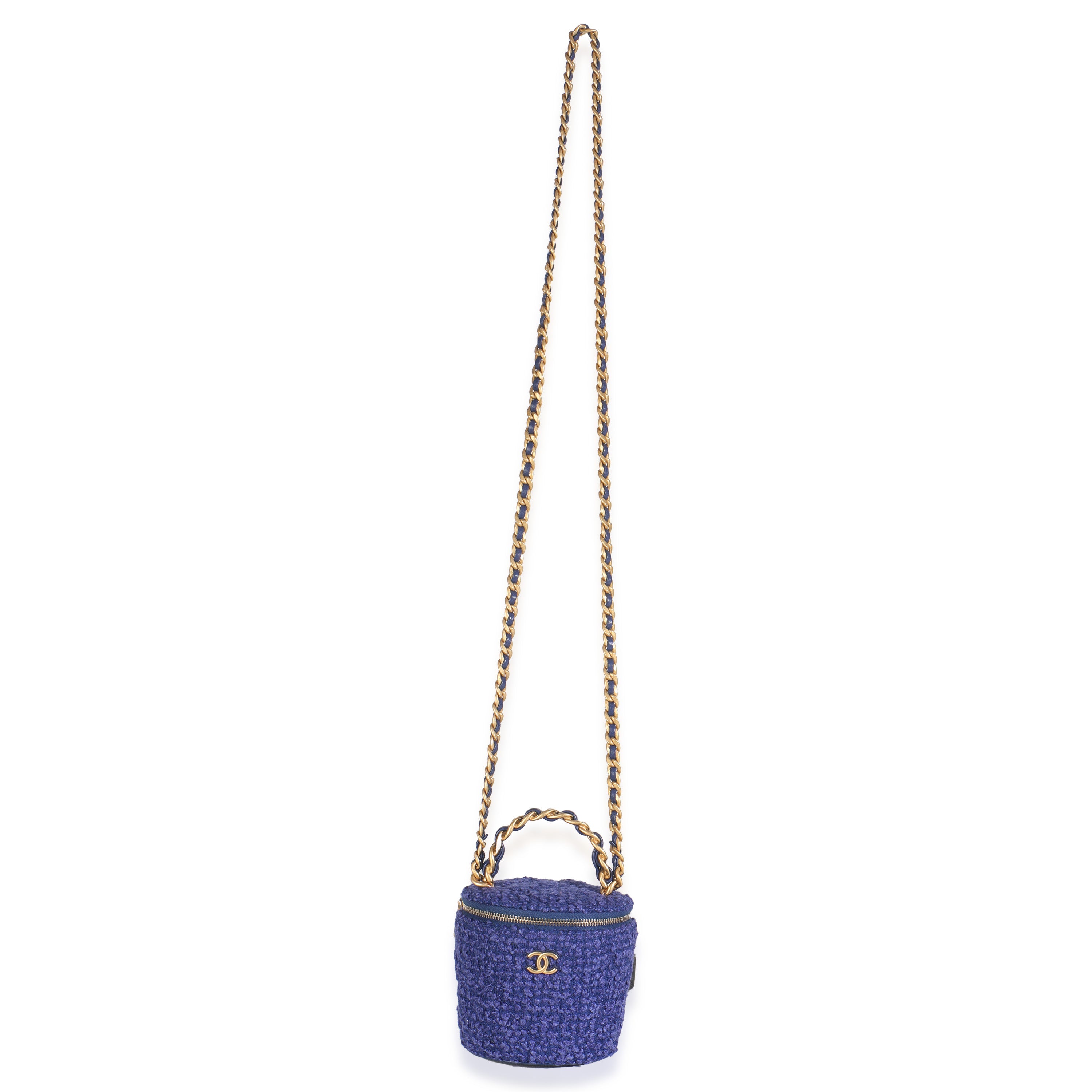Blue Quilted Tweed Afternoon Tea Top Handle Vanity Case With Chain