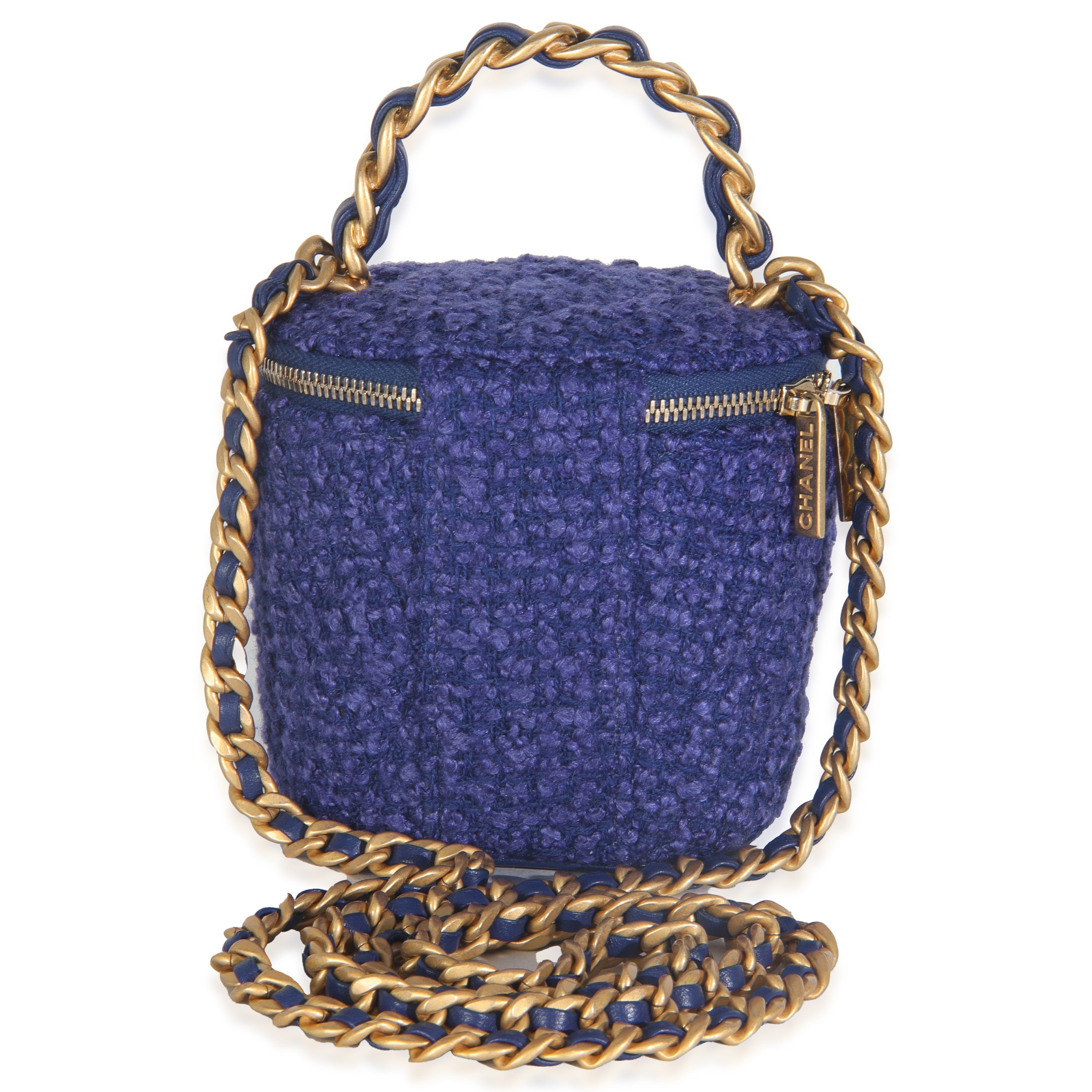 Blue Quilted Tweed Afternoon Tea Top Handle Vanity Case With Chain