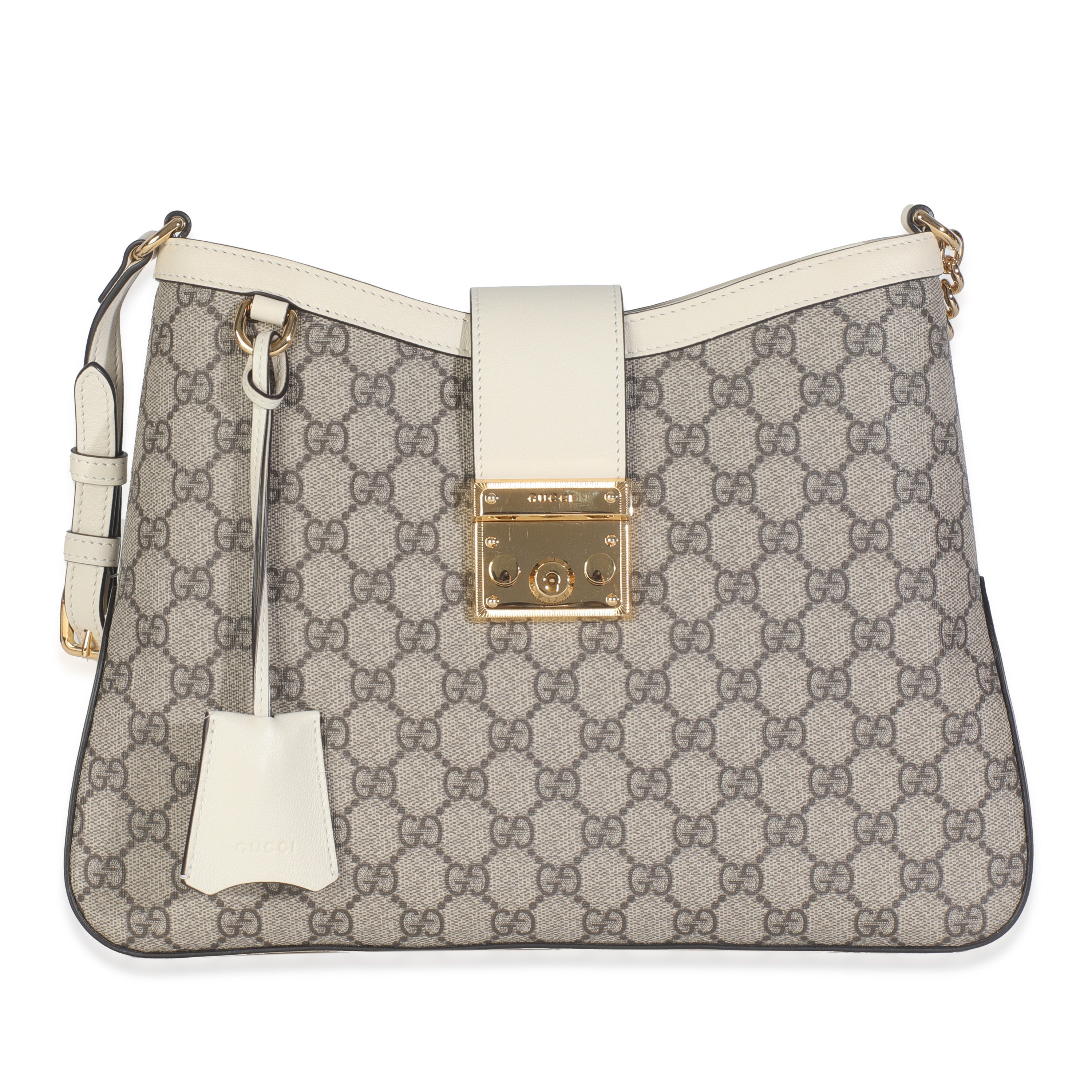 Beige Ebony GG Supreme Canvas Moon Calfskin Medium Padlock Shoulder Bag