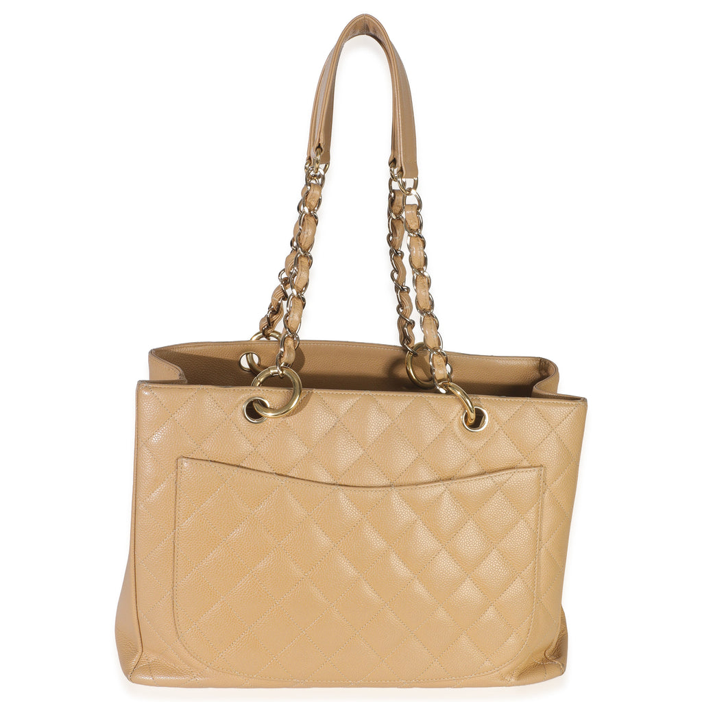 Beige Quilted Caviar Grand Shopper Tote