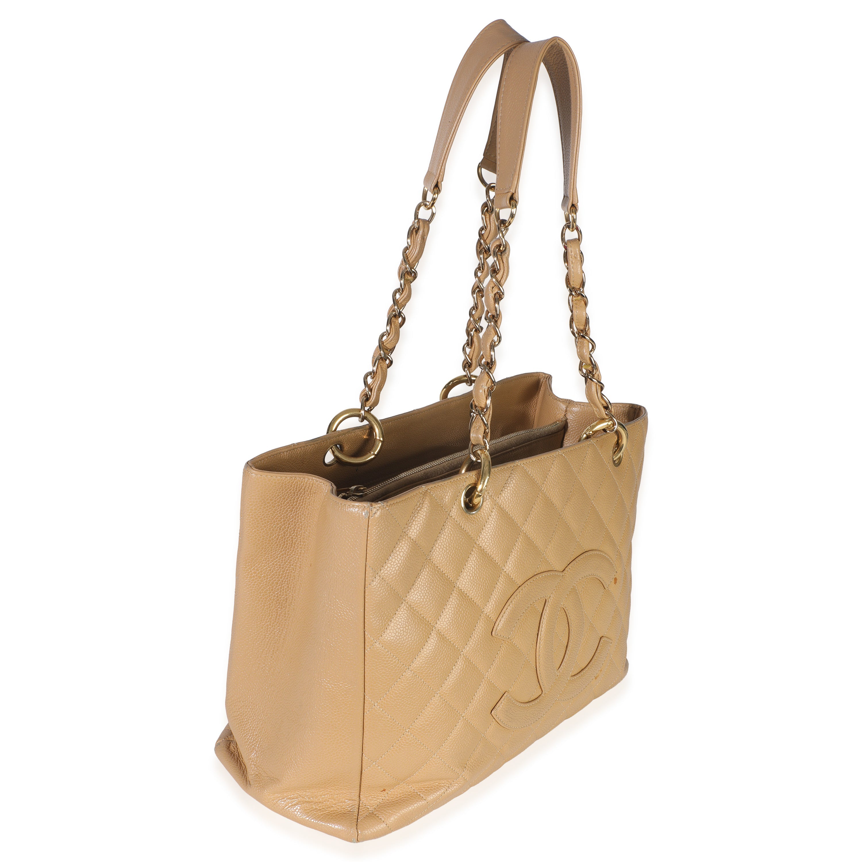 Beige Quilted Caviar Grand Shopper Tote