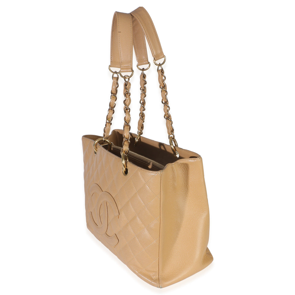 Beige Quilted Caviar Grand Shopper Tote