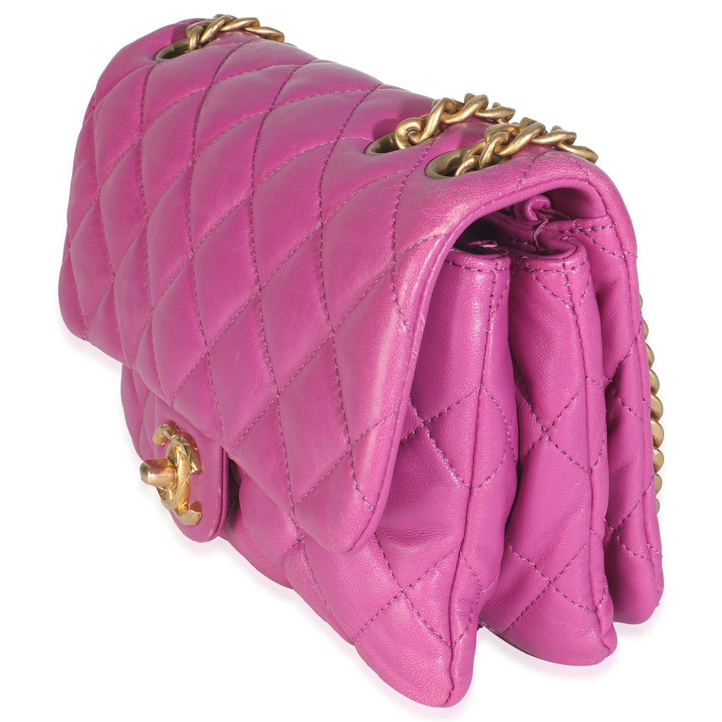 Purple Shiny Aged Quilted Calfskin Small Pillow Crush Flap Bag