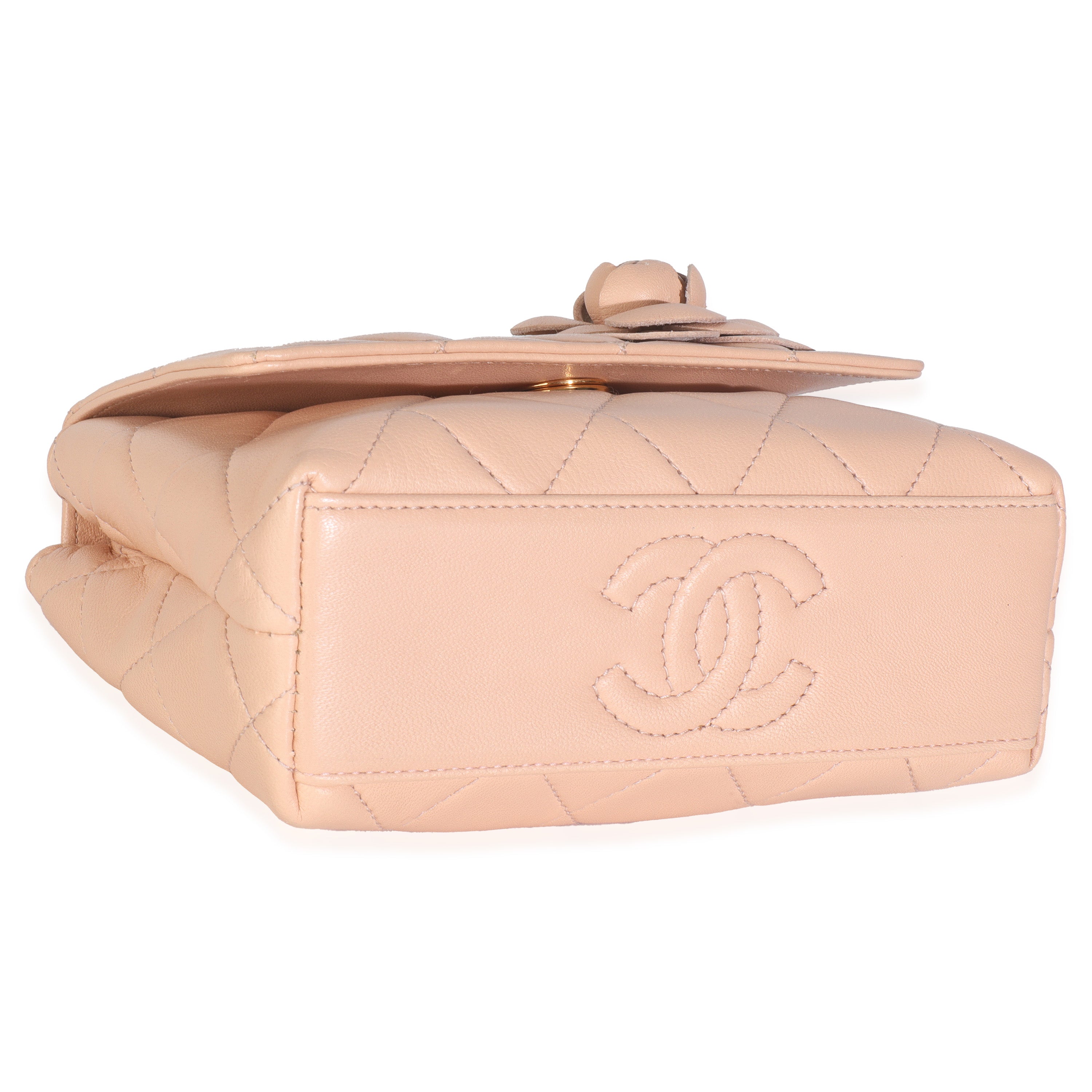 Vintage Beige Quilted Lambskin Mini Camellia Flap Bag