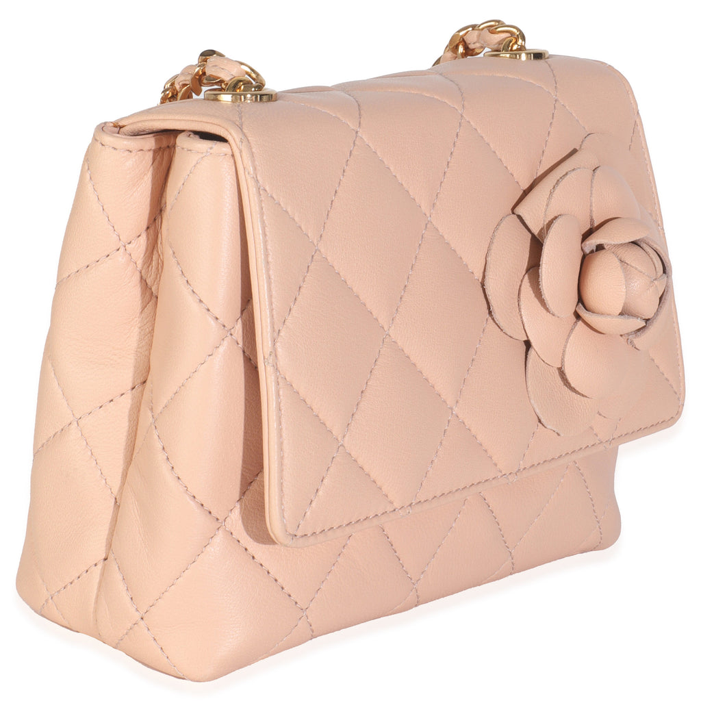 Vintage Beige Quilted Lambskin Mini Camellia Flap Bag