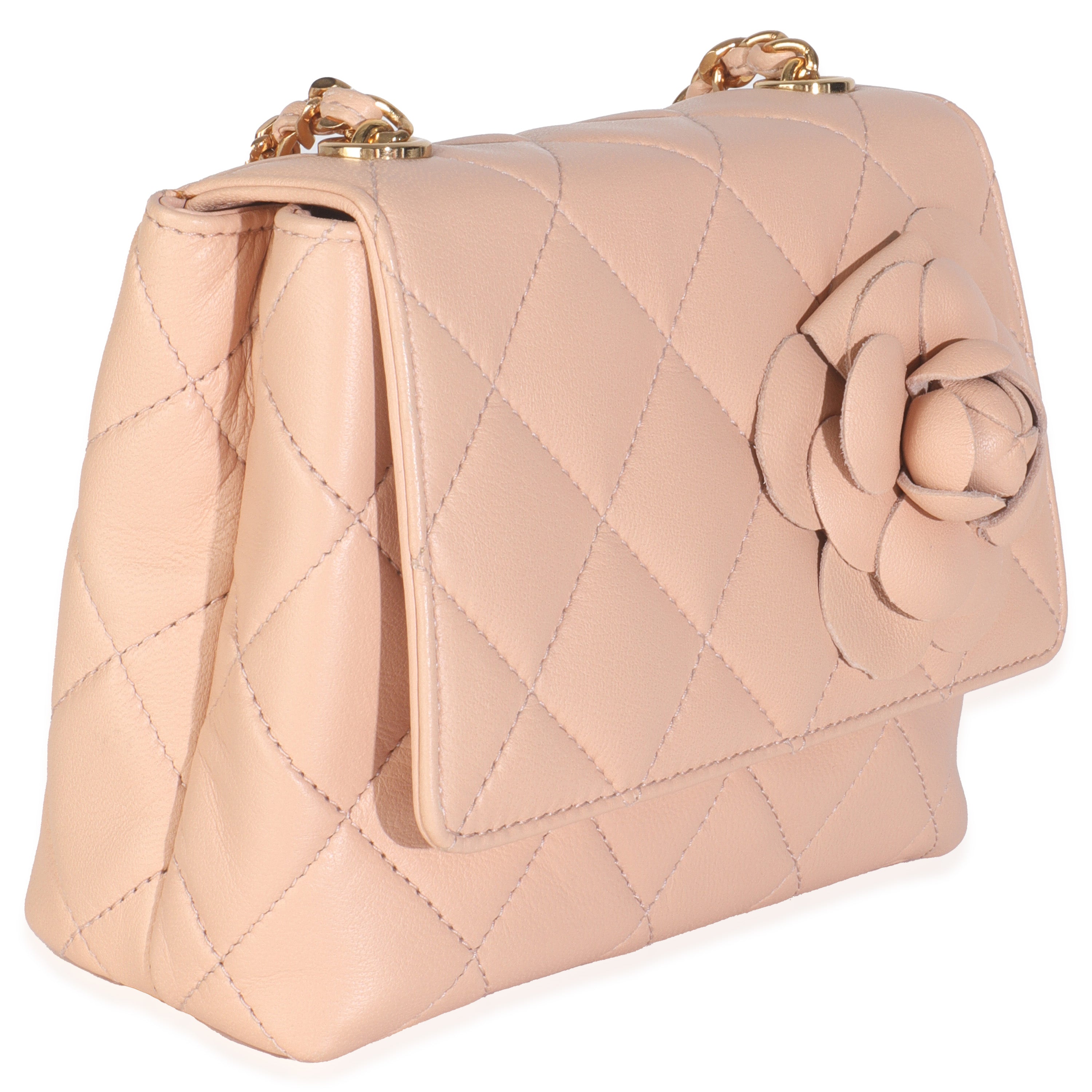 Vintage Beige Quilted Lambskin Mini Camellia Flap Bag