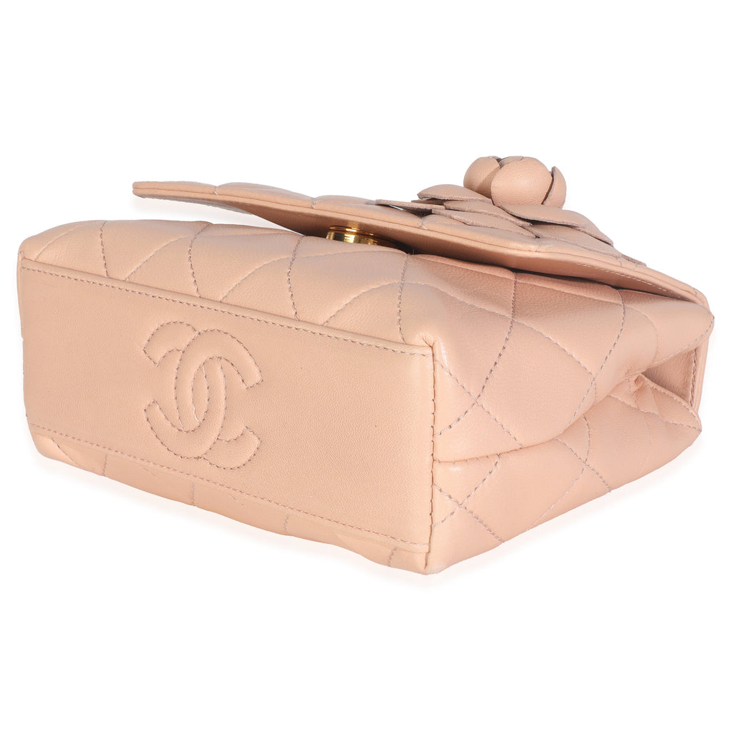 Vintage Beige Quilted Lambskin Mini Camellia Flap Bag