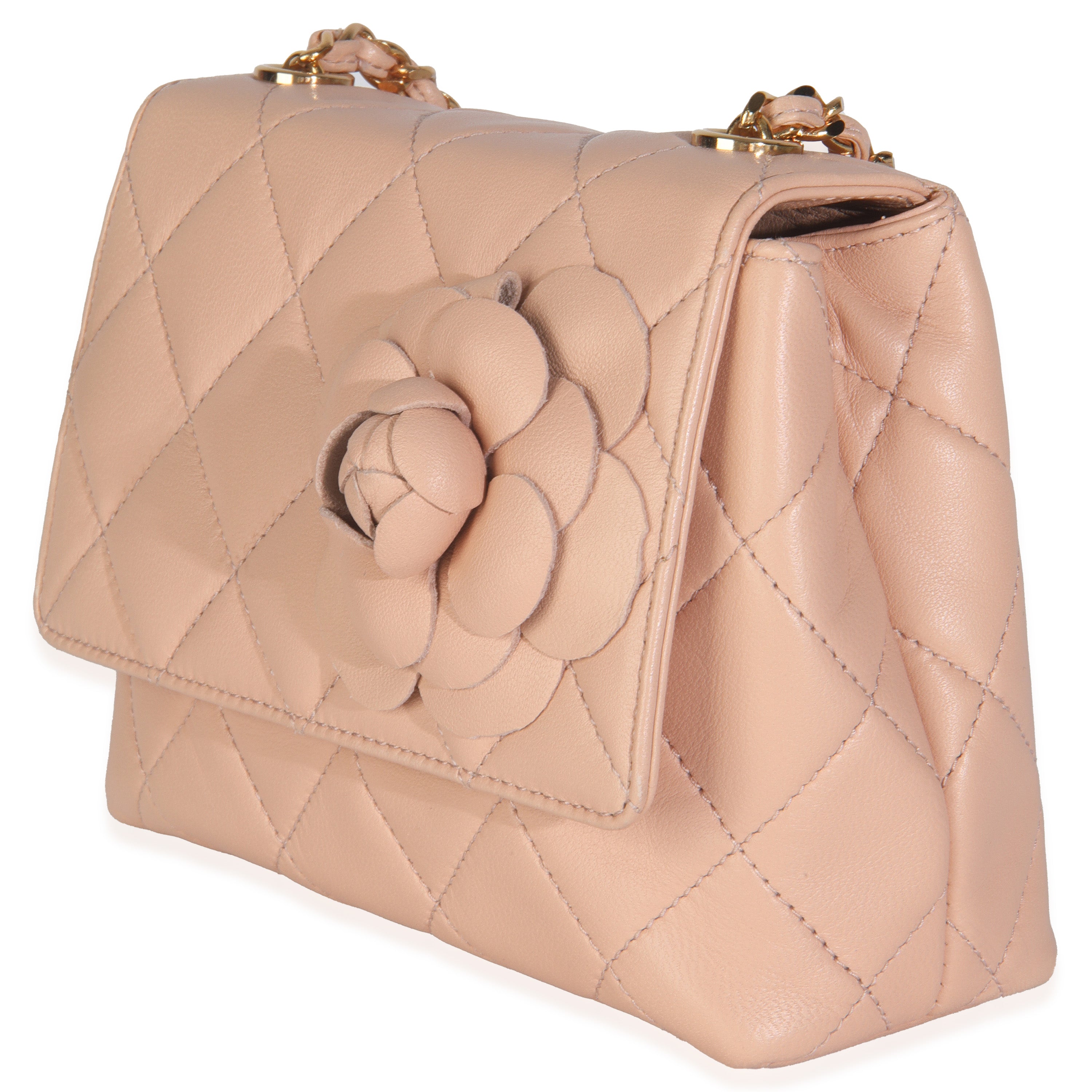 Vintage Beige Quilted Lambskin Mini Camellia Flap Bag