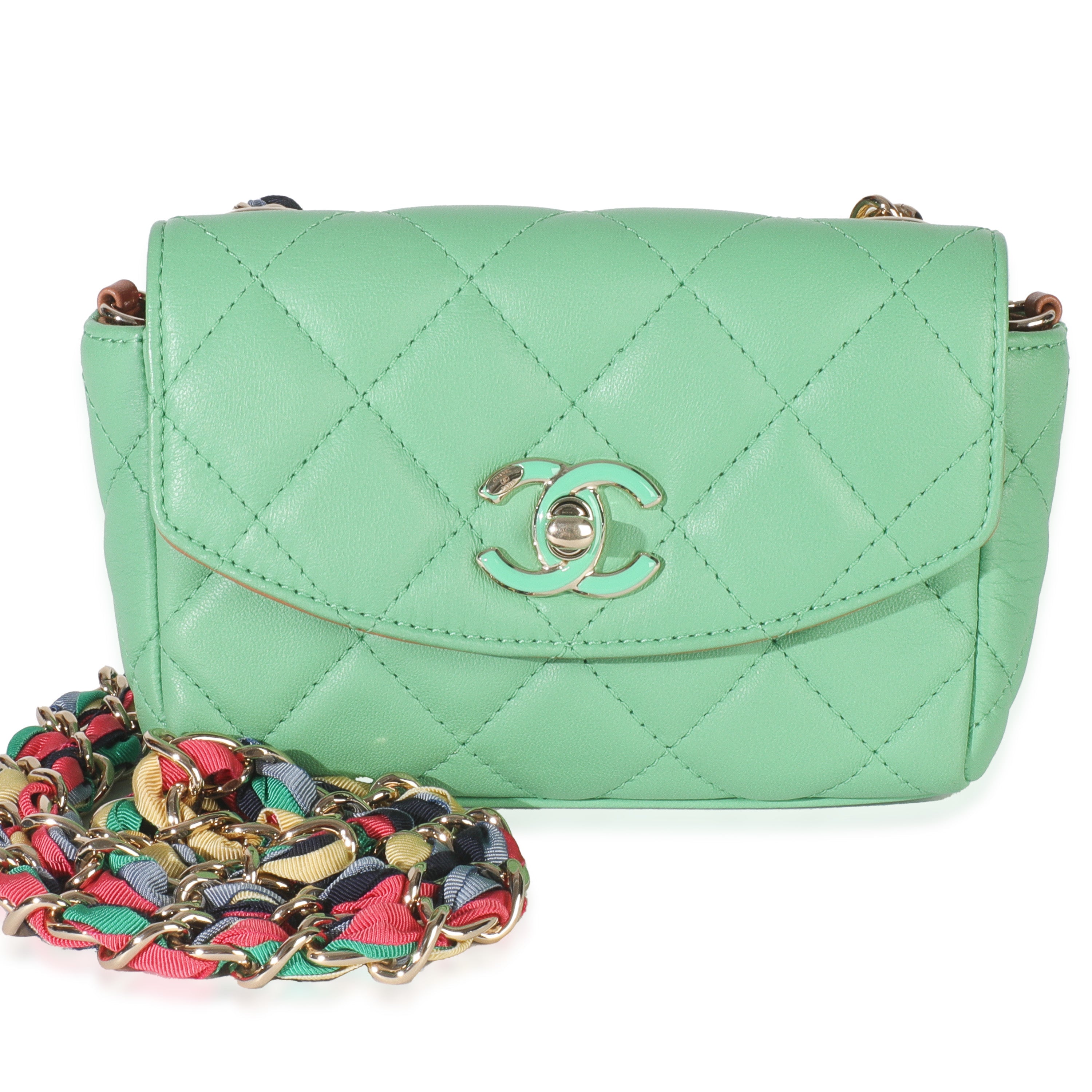 Green Quilted Lambskin Ribbon Chain Mini Flap Bag