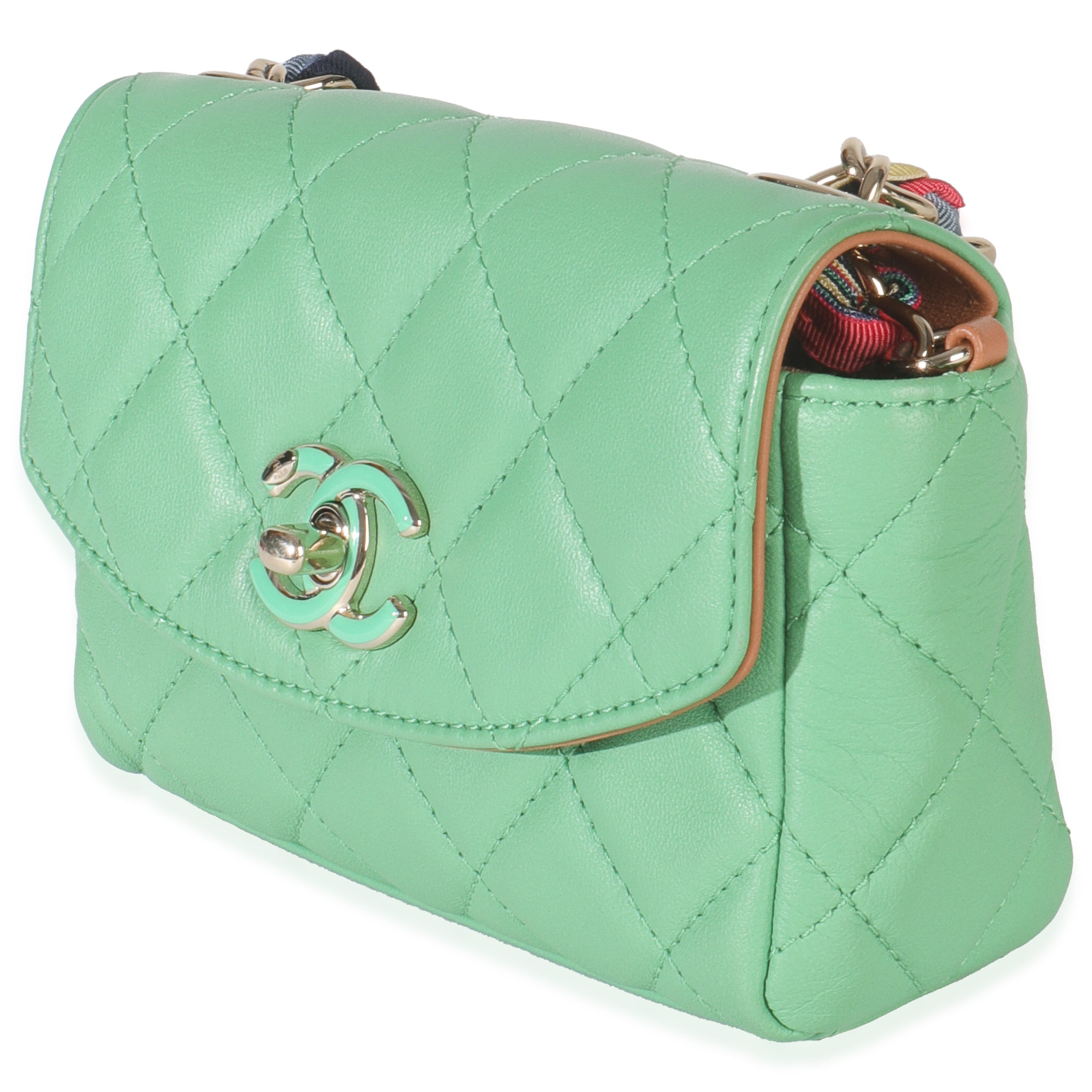 Green Quilted Lambskin Ribbon Chain Mini Flap Bag
