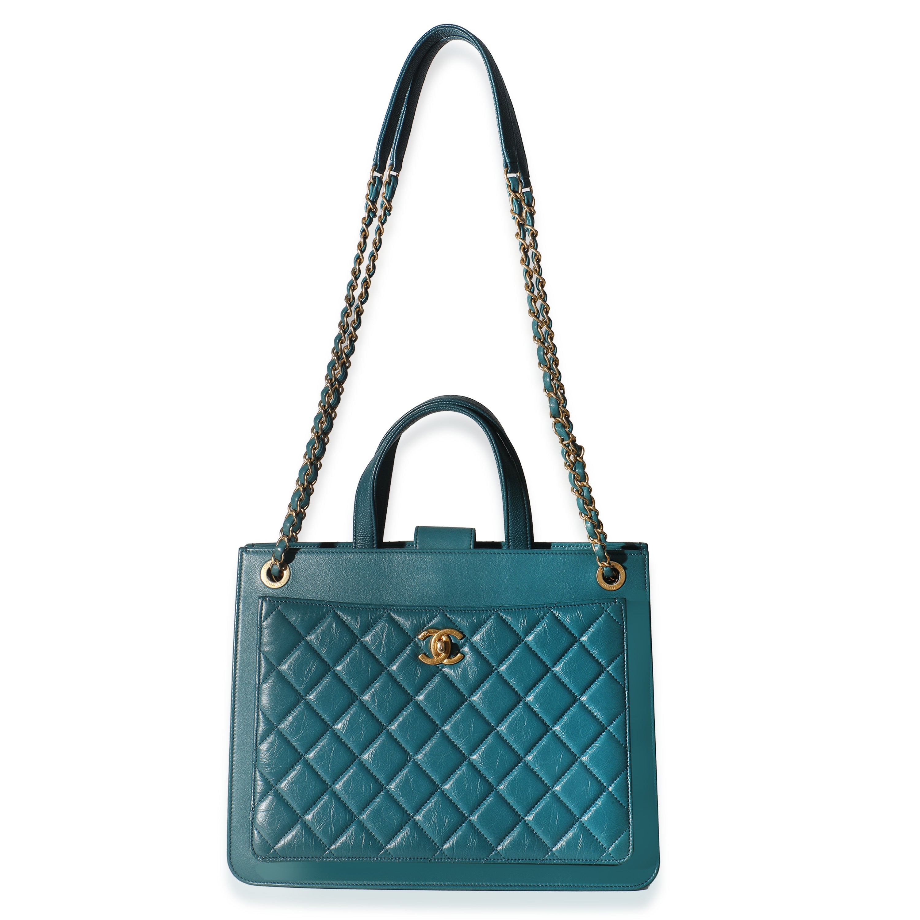 Teal Quilted Calfskin Large Business Affinity Shopping Bag