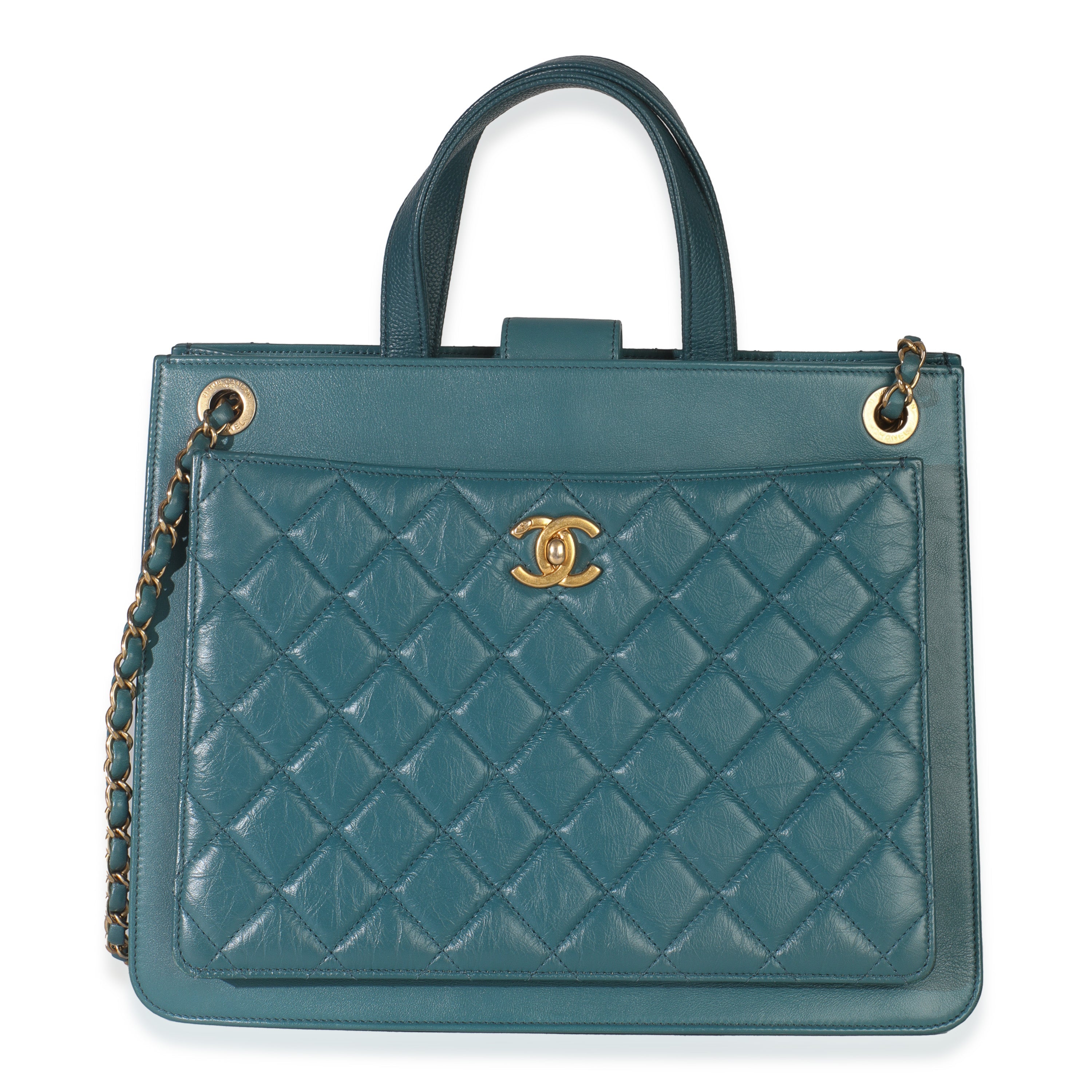 Teal Quilted Calfskin Large Business Affinity Shopping Bag