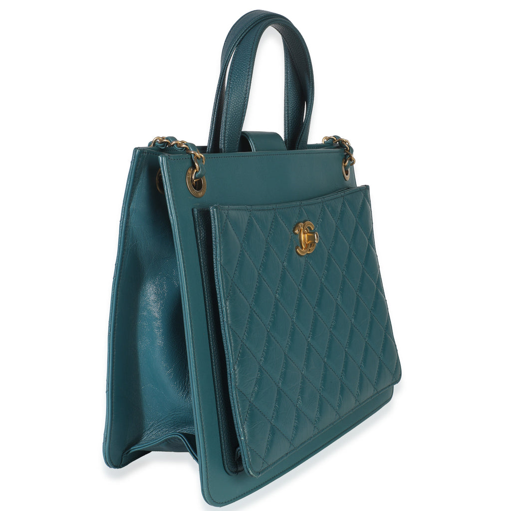 Teal Quilted Calfskin Large Business Affinity Shopping Bag