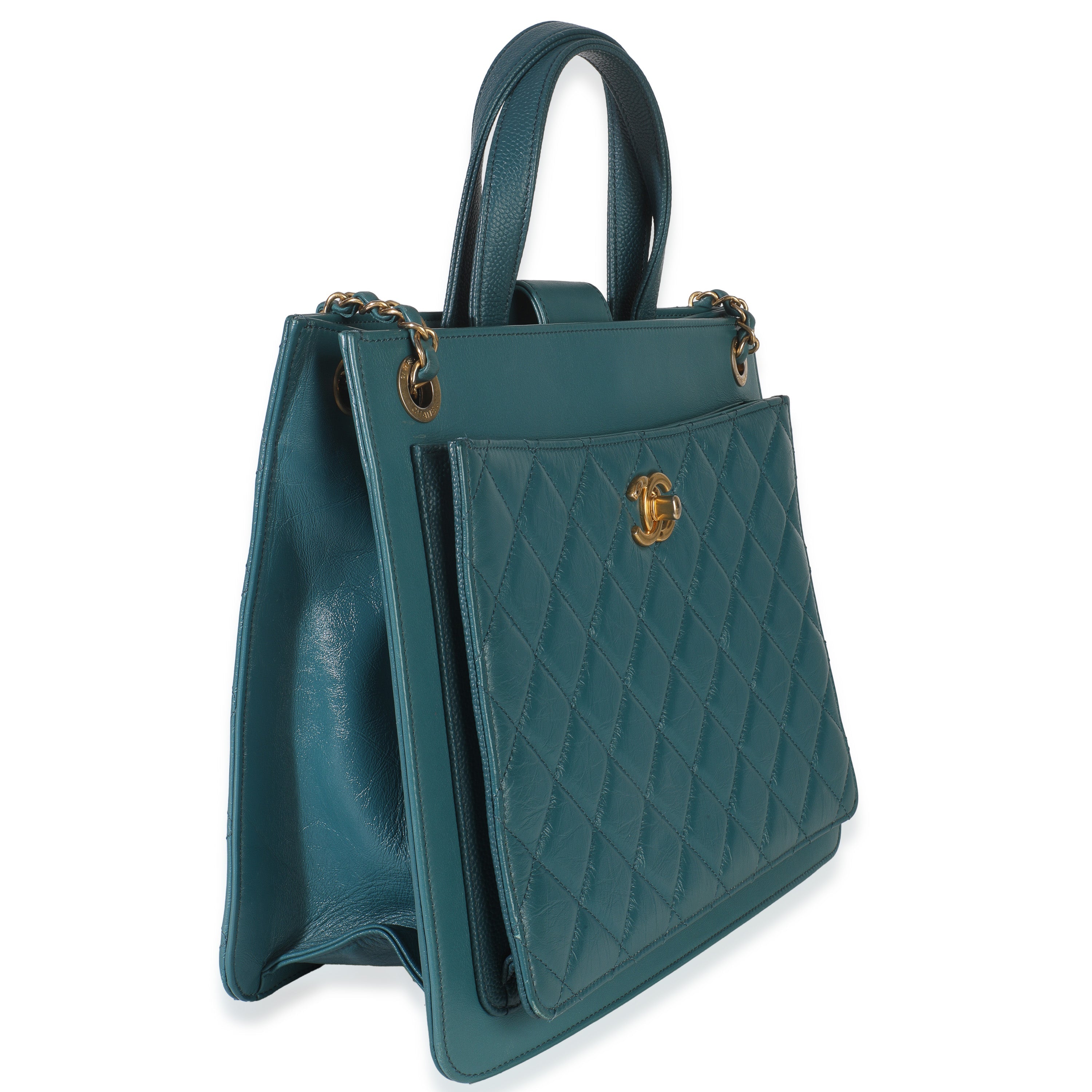 Teal Quilted Calfskin Large Business Affinity Shopping Bag