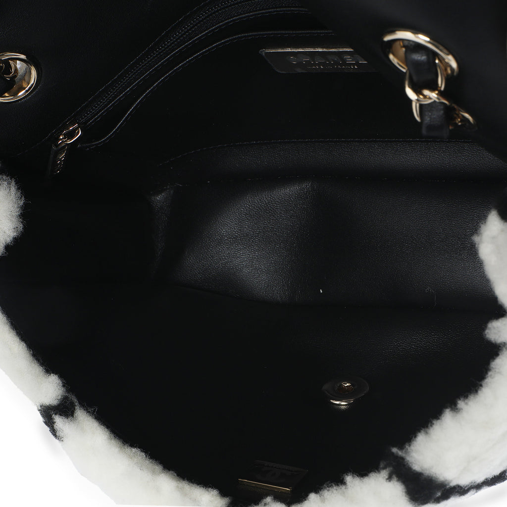 Black White CC Square Print Shearling Medium Flap Bag