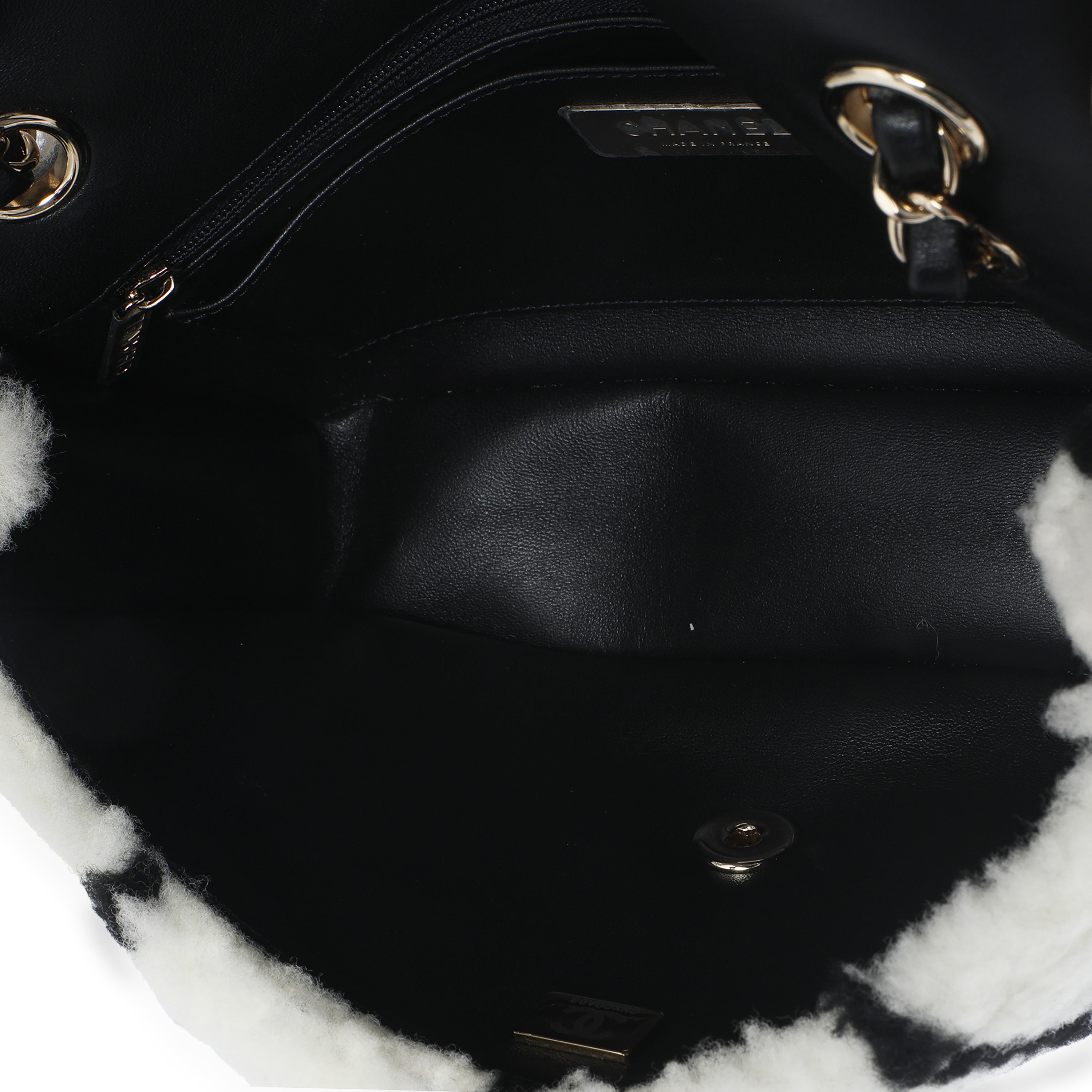 Black White CC Square Print Shearling Medium Flap Bag