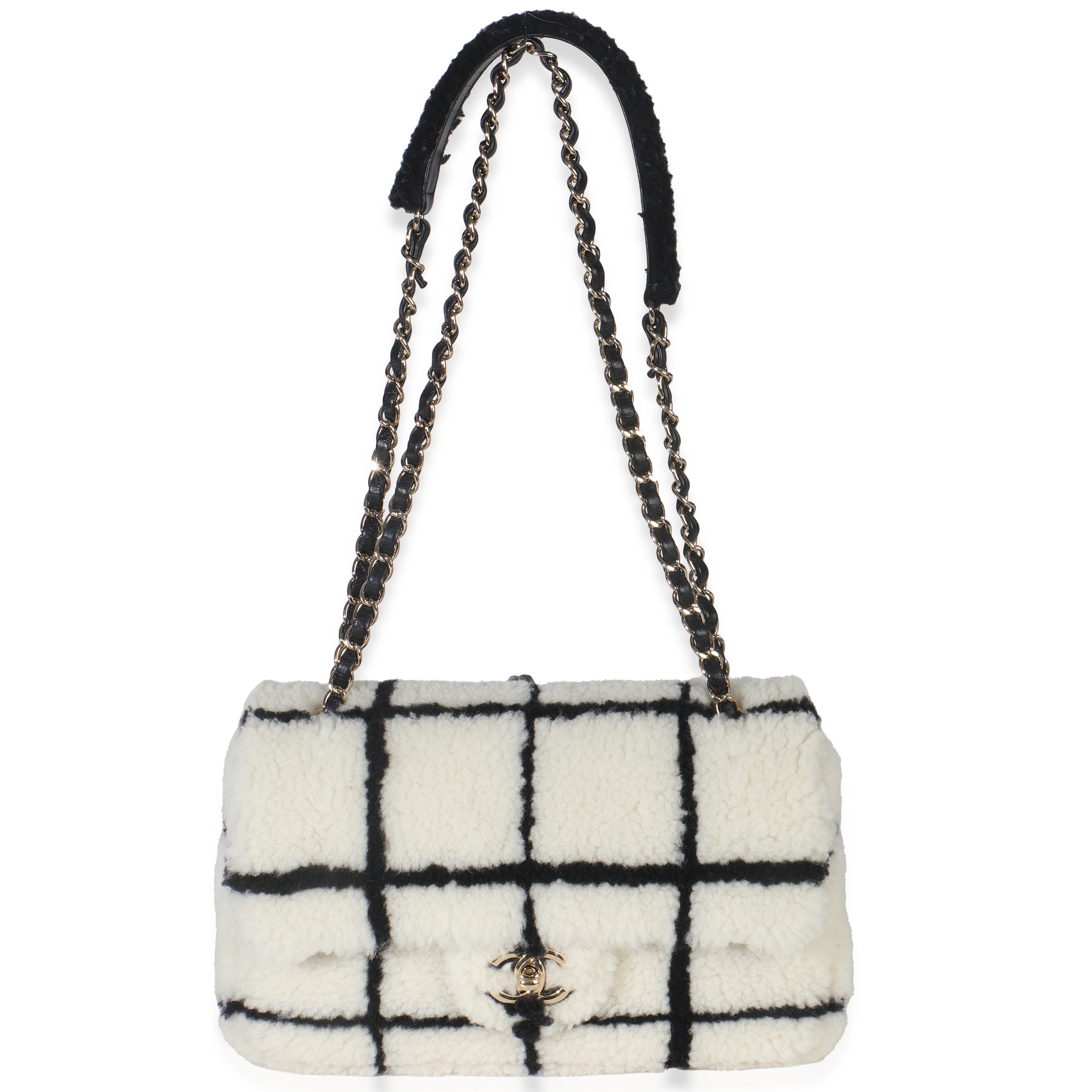 Black White CC Square Print Shearling Medium Flap Bag