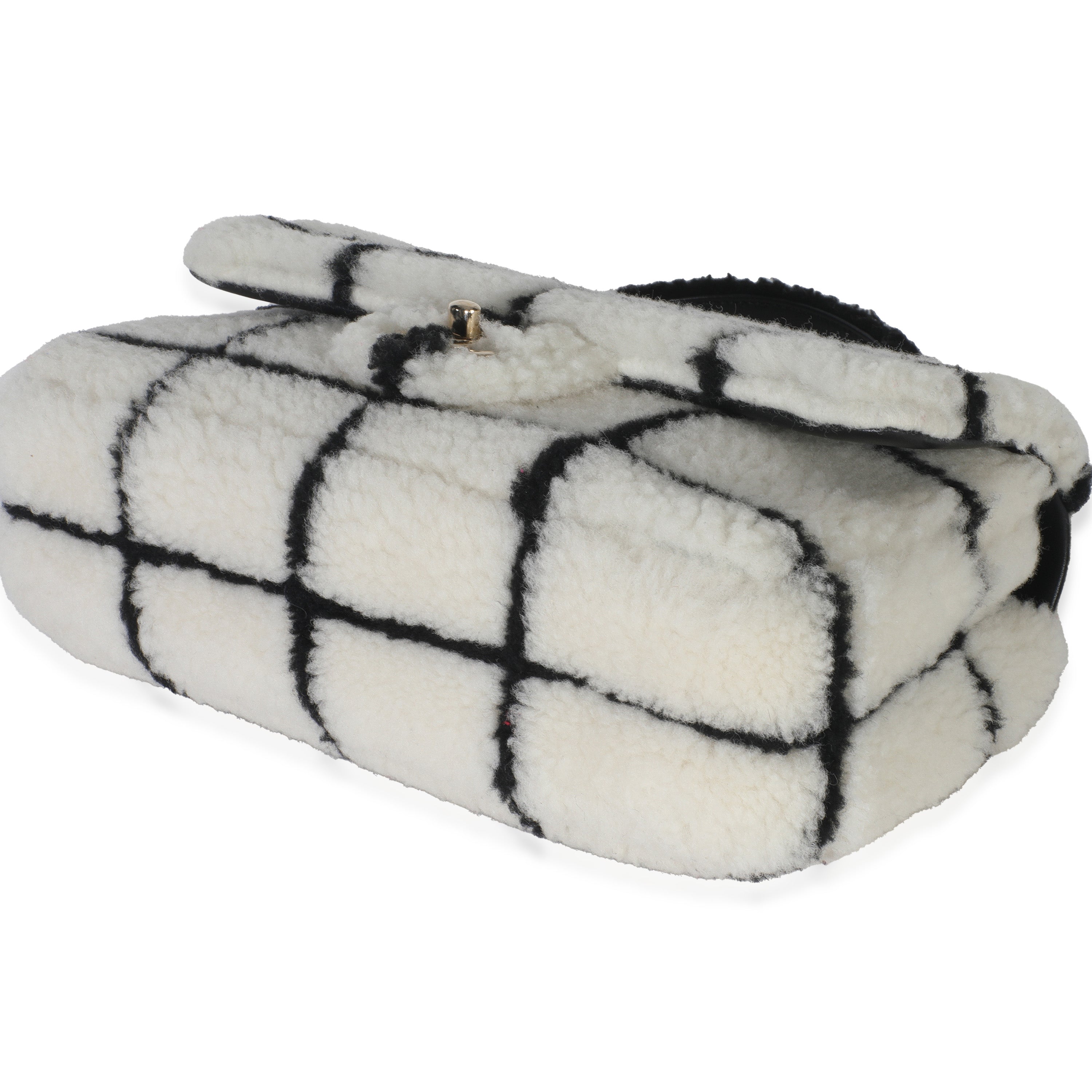 Black White CC Square Print Shearling Medium Flap Bag