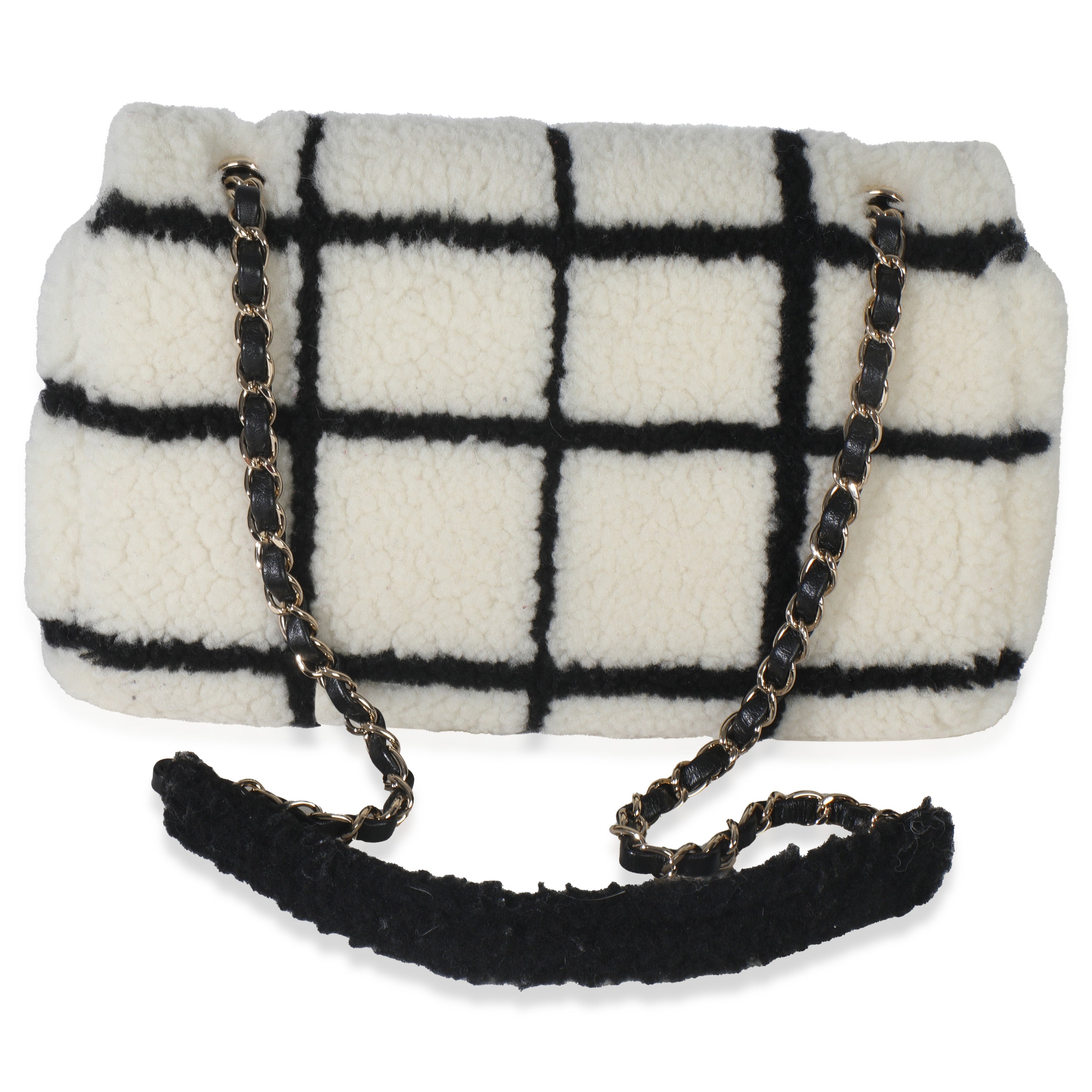Black White CC Square Print Shearling Medium Flap Bag