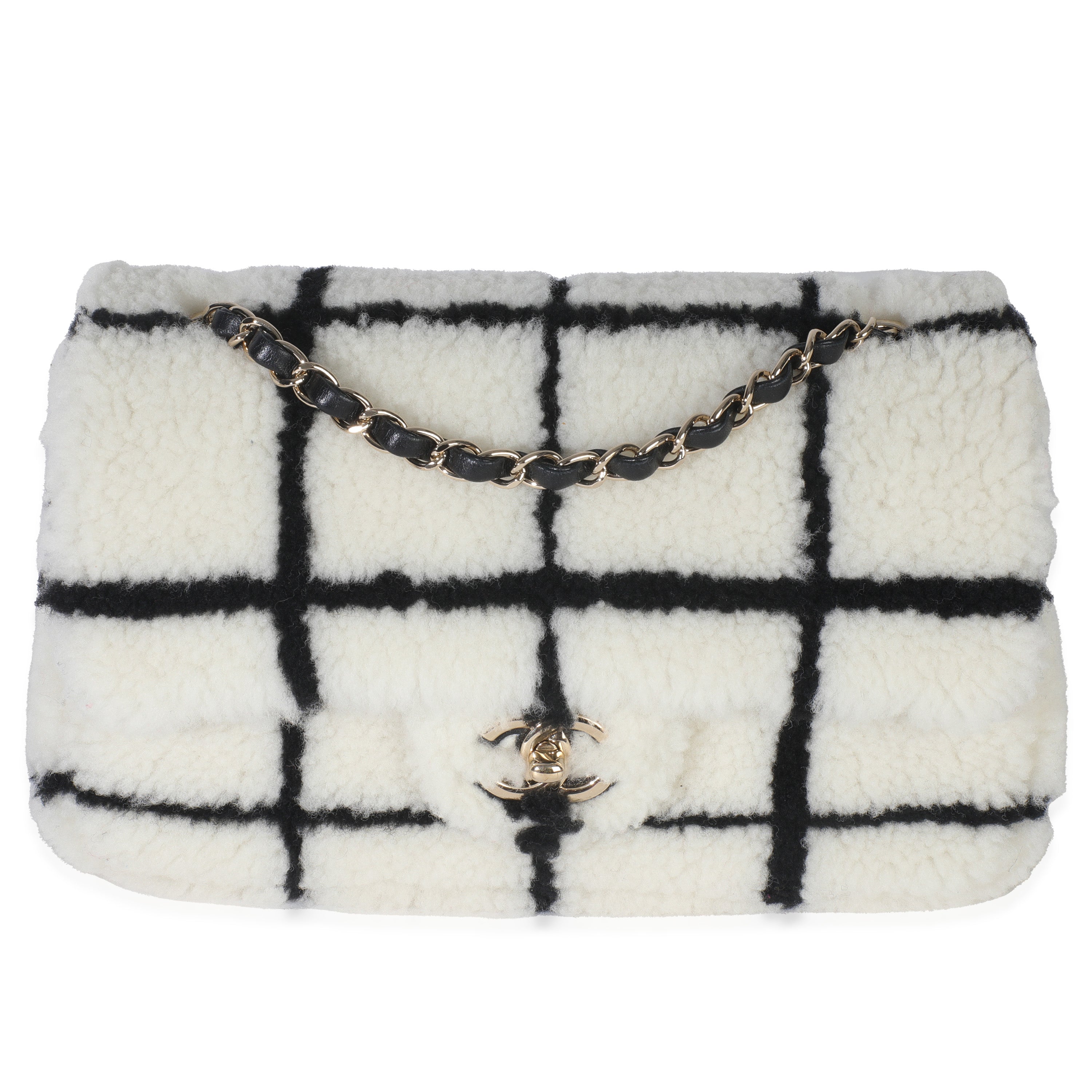 Black White CC Square Print Shearling Medium Flap Bag