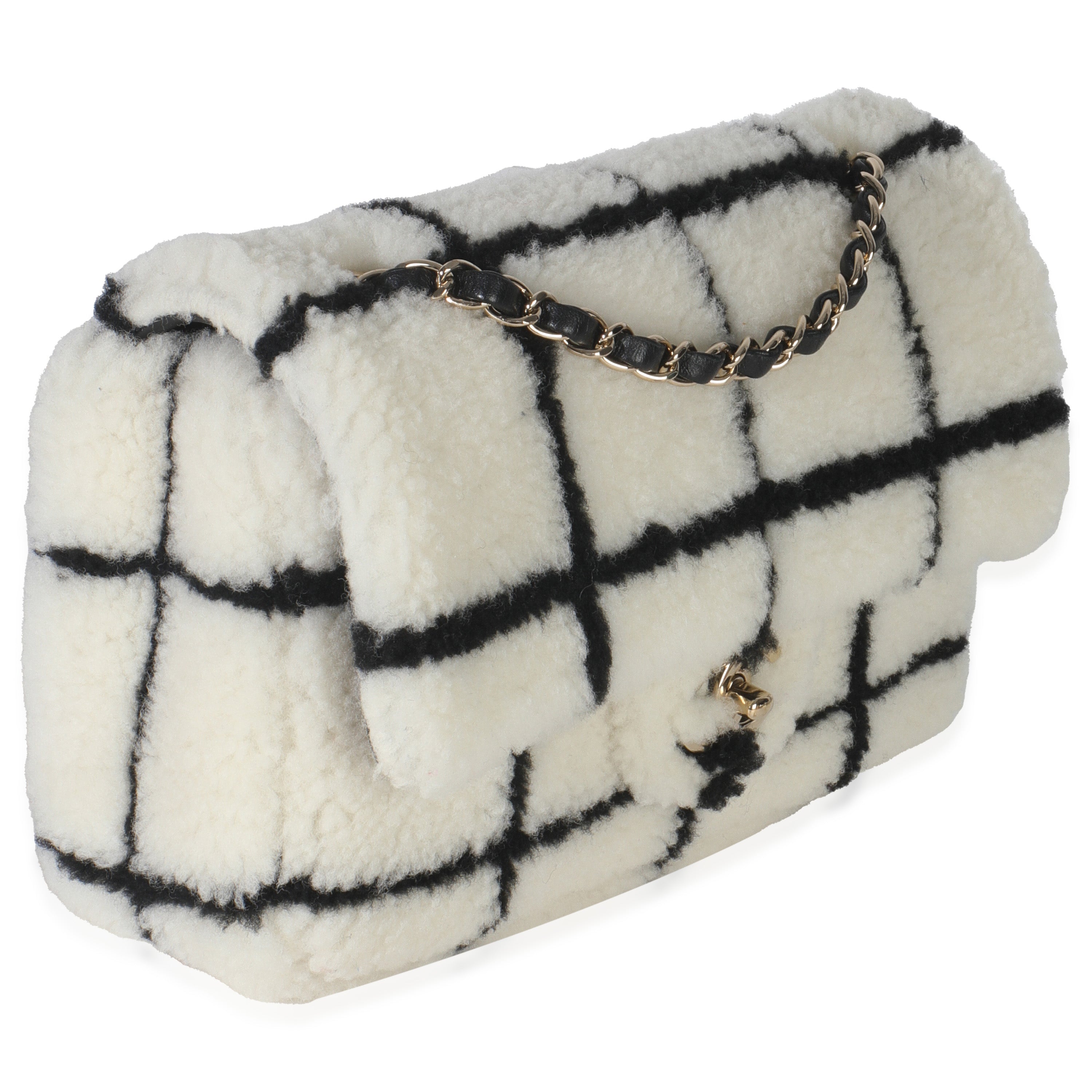 Black White CC Square Print Shearling Medium Flap Bag